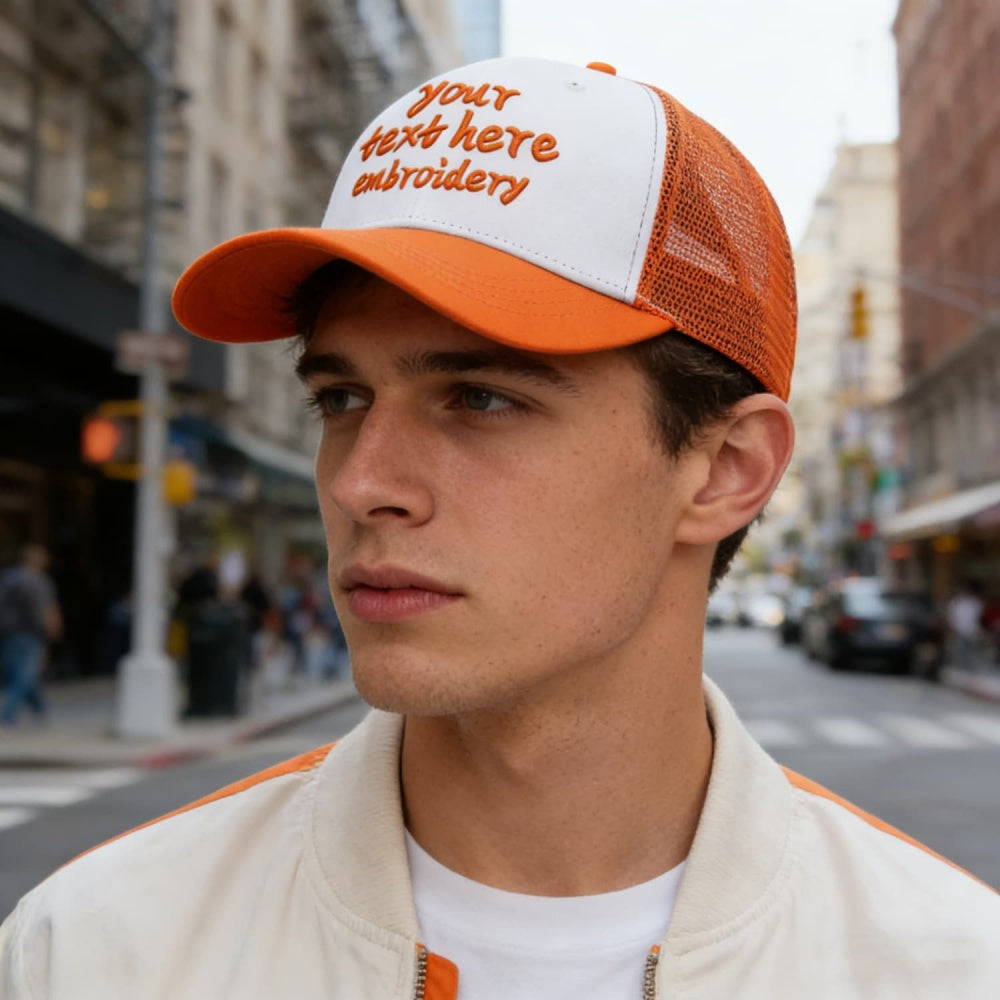 Vosoli White & Orange Mesh-Back Trucker Cap - Unisex Personal & Team Custom 3D Embroidery or Print Hat