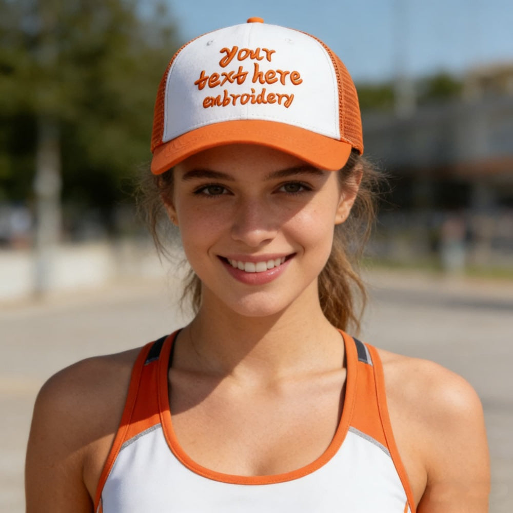 Vosoli White & Orange Mesh-Back Trucker Cap - Unisex Personal & Team Custom 3D Embroidery or Print Hat