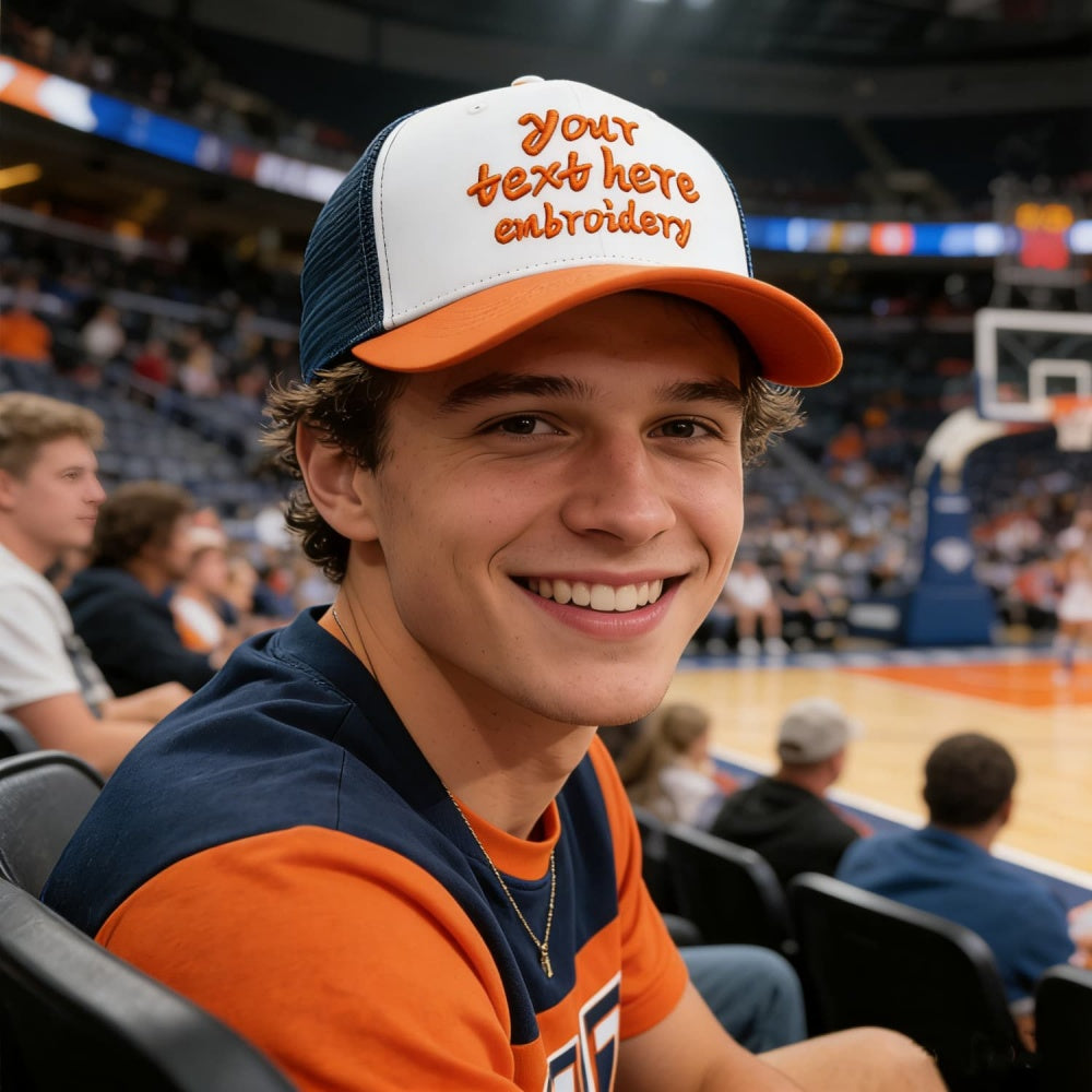 Vosoli White & Orange-Navy Mesh-Back Trucker Cap - Unisex Personal & Team Custom 3D Embroidery or Print Hat