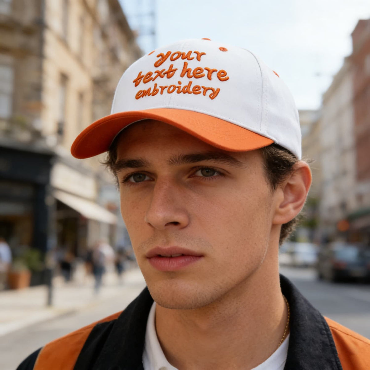 Vosoli White & Orange Two-Tone Unisex Deep Bill Baseball Cap - Personal & Team Custom 3D Embroidery or Print Hat