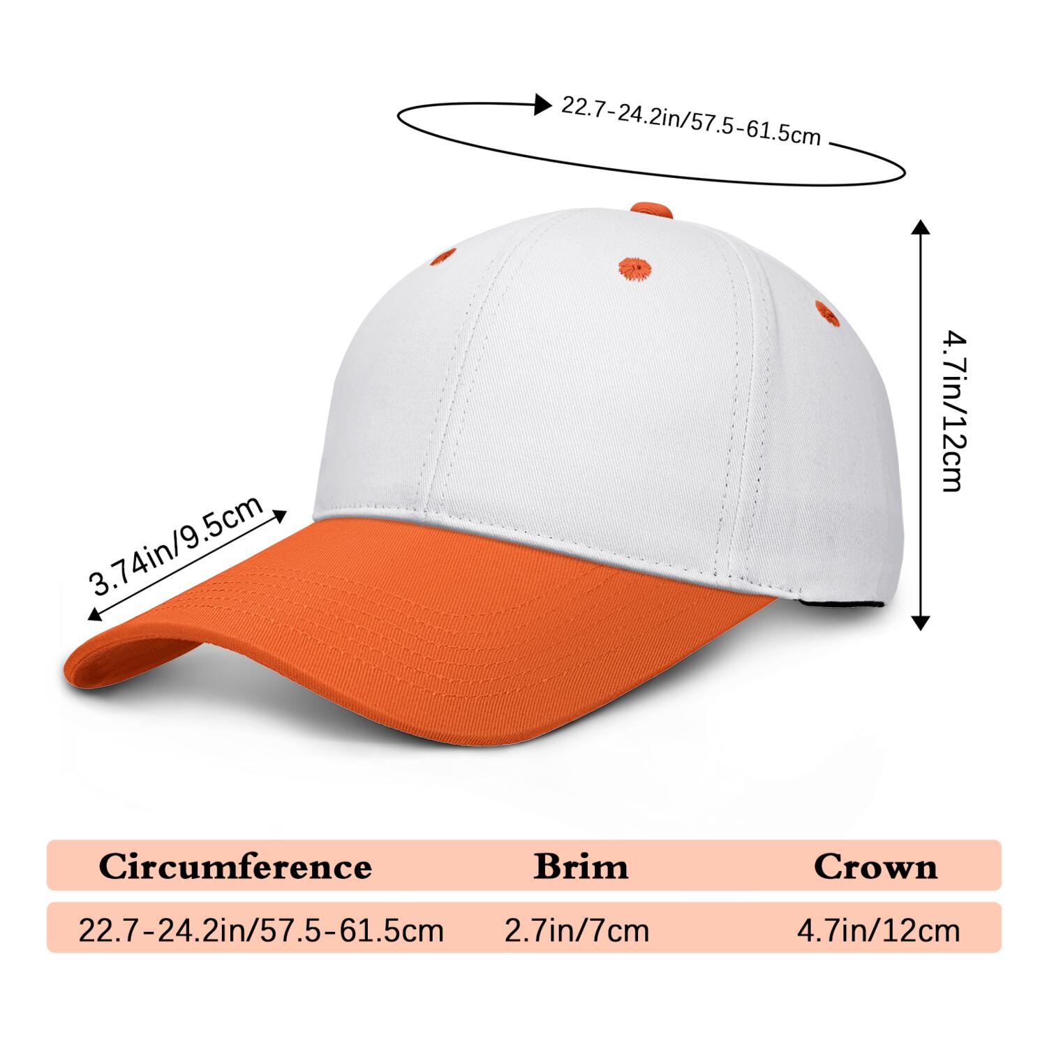 Vosoli White & Orange Two-Tone Unisex Deep Bill Baseball Cap - Personal & Team Custom 3D Embroidery or Print Hat
