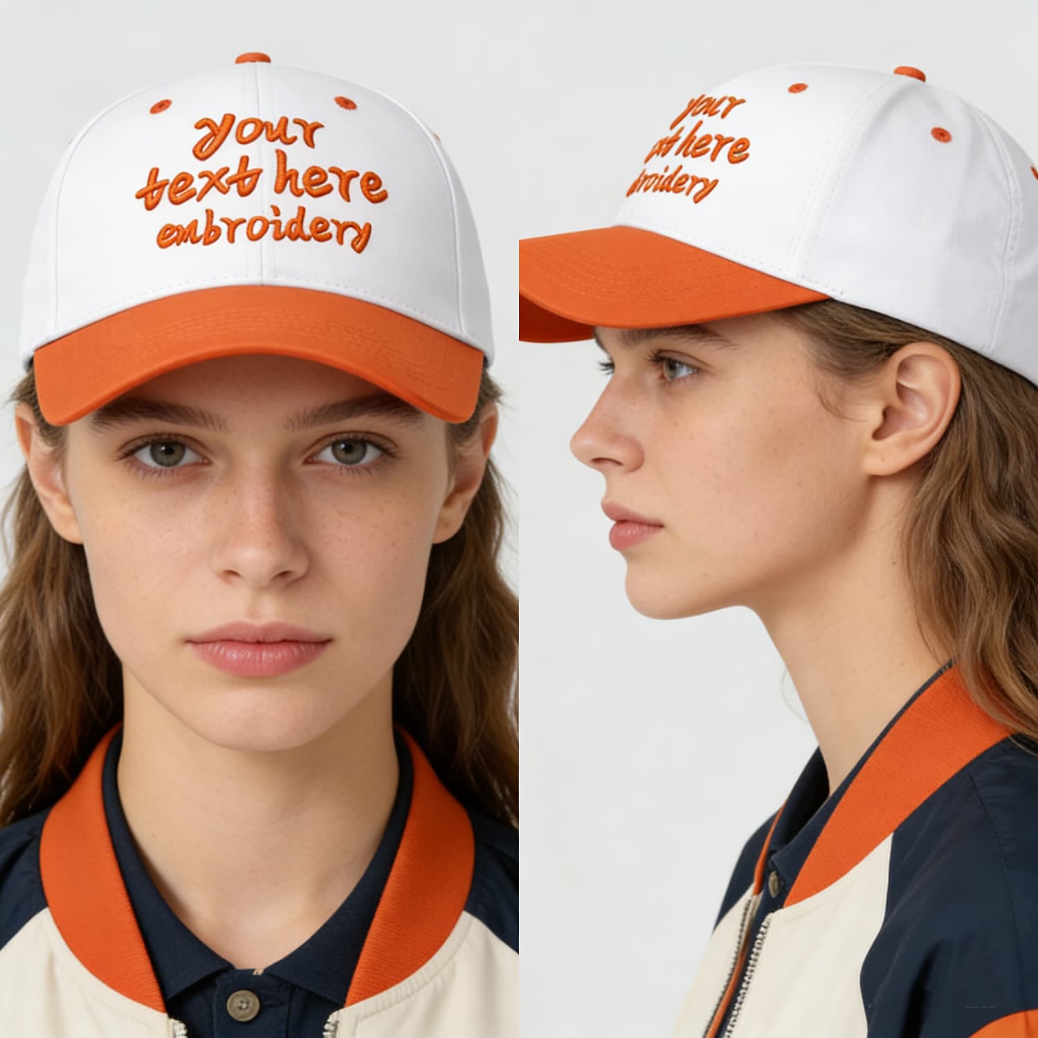Vosoli White & Orange Two-Tone Unisex Deep Bill Baseball Cap - Personal & Team Custom 3D Embroidery or Print Hat