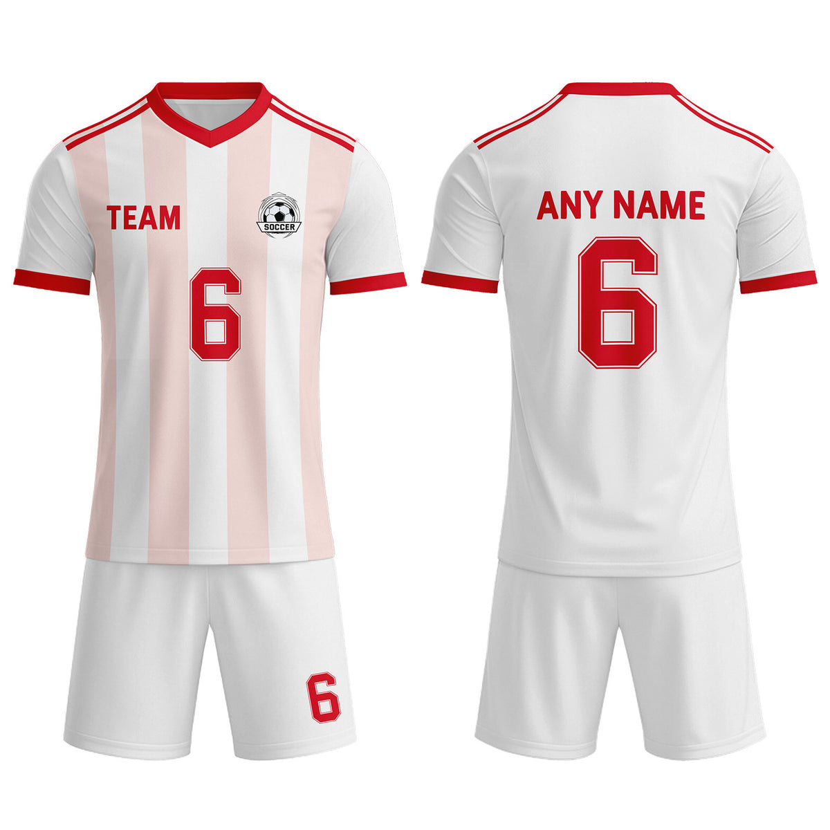 Custom White &amp; Pastel Pink-Red Striped Soccer Uniform Set for Teams &amp; Individuals | Vosoli