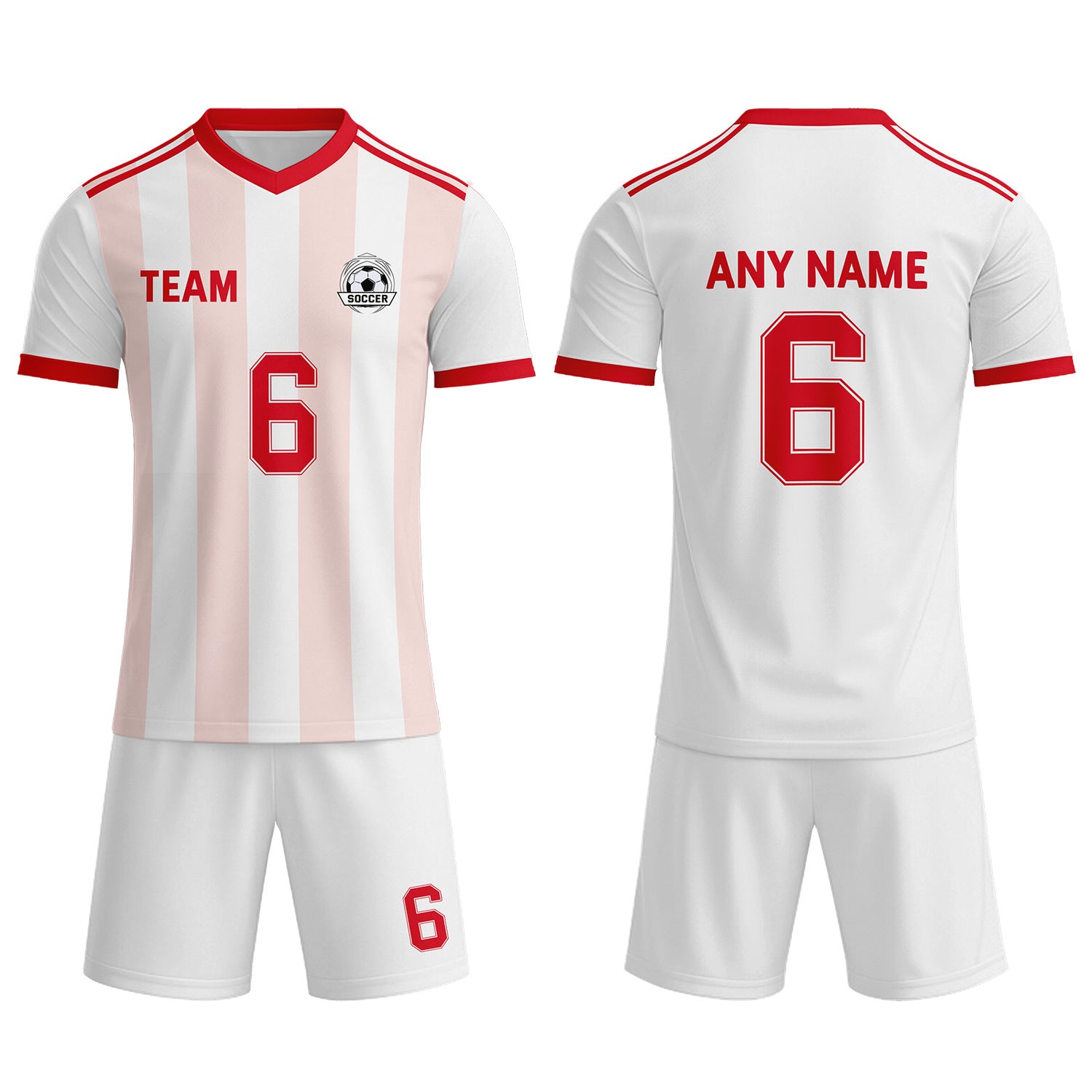 Custom White & Pastel Pink-Red Striped Soccer Uniform Set for Teams & Individuals | Vosoli