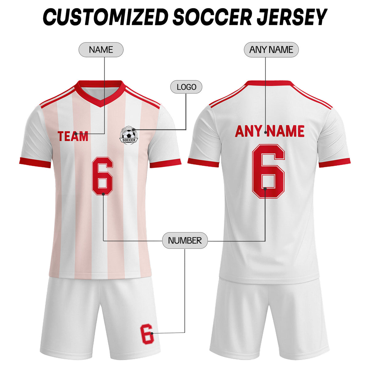 Custom White & Pastel Pink-Red Striped Soccer Uniform Set for Teams & Individuals | Vosoli