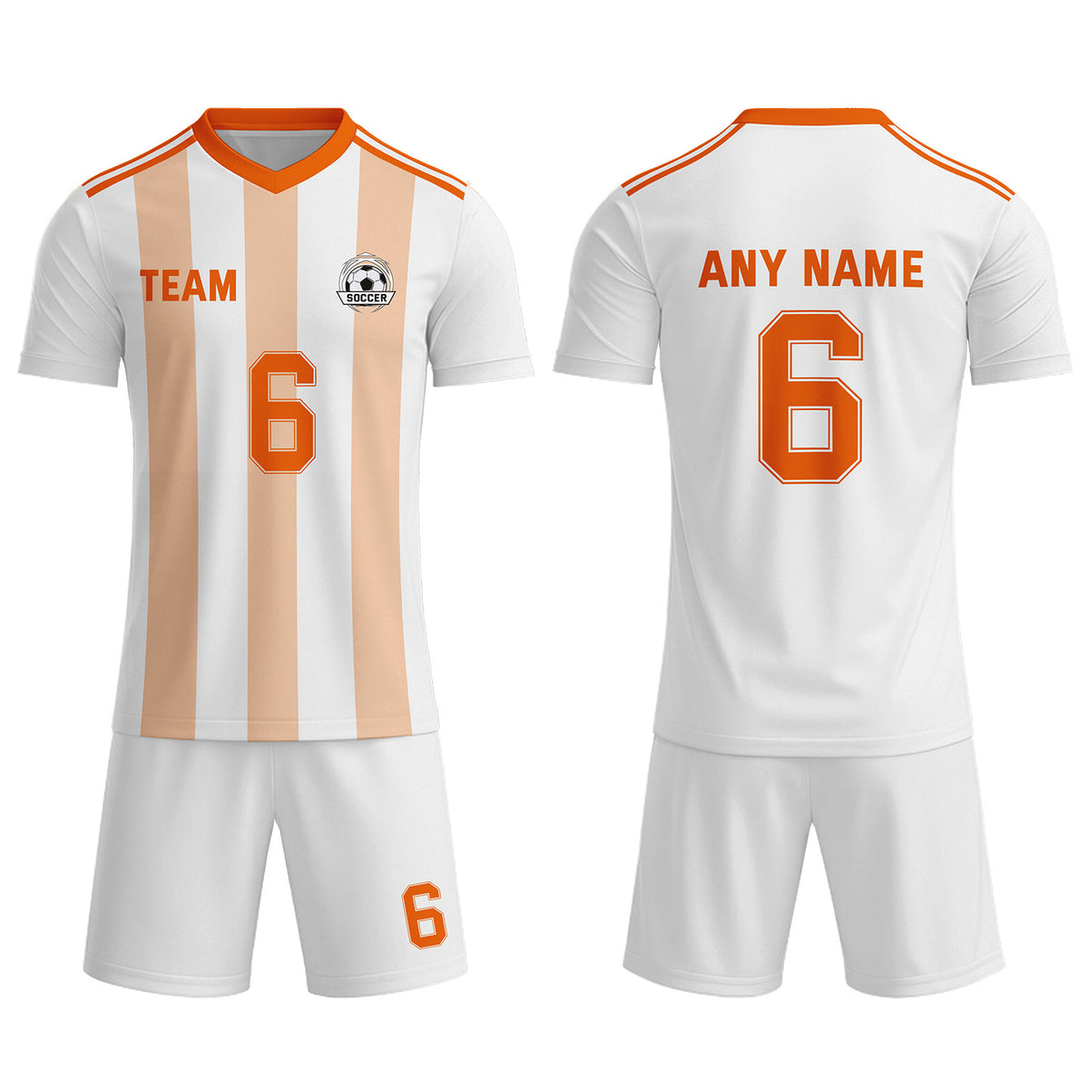 Custom White &amp; Peach-Orange Striped Soccer Uniform Set for Teams &amp; Individuals | Vosoli