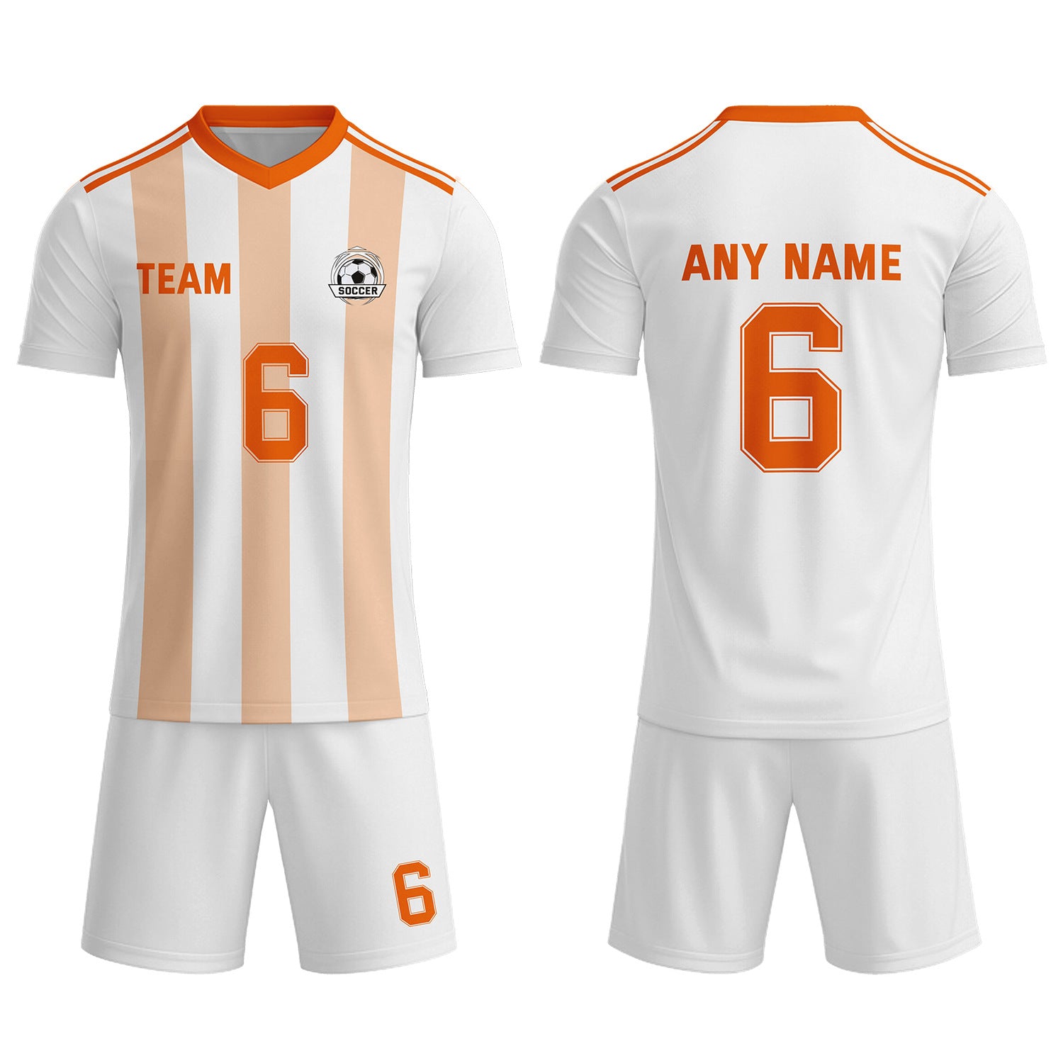 Custom White & Peach-Orange Striped Soccer Uniform Set for Teams & Individuals | Vosoli