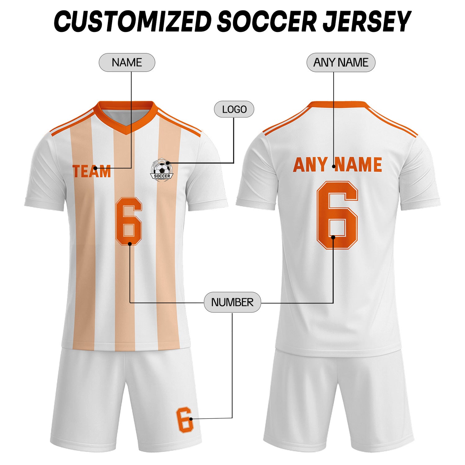 Custom White & Peach-Orange Striped Soccer Uniform Set for Teams & Individuals | Vosoli