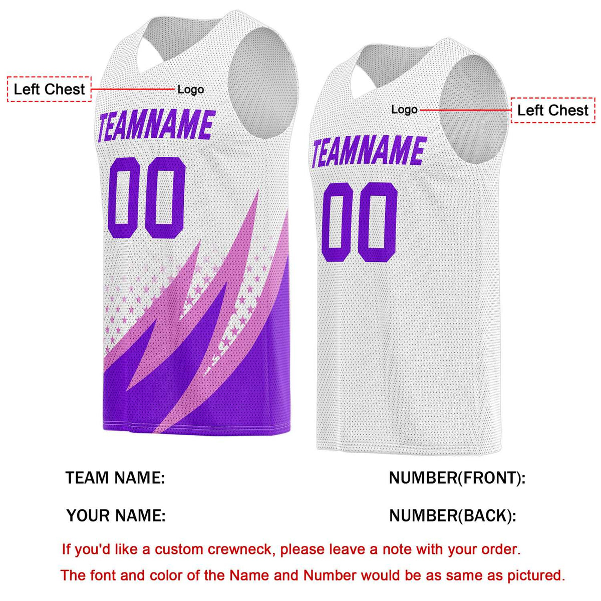 Custom Reversible Basketball Jersey for Individuals & Teams – White, Purple & Pink | Vosoli