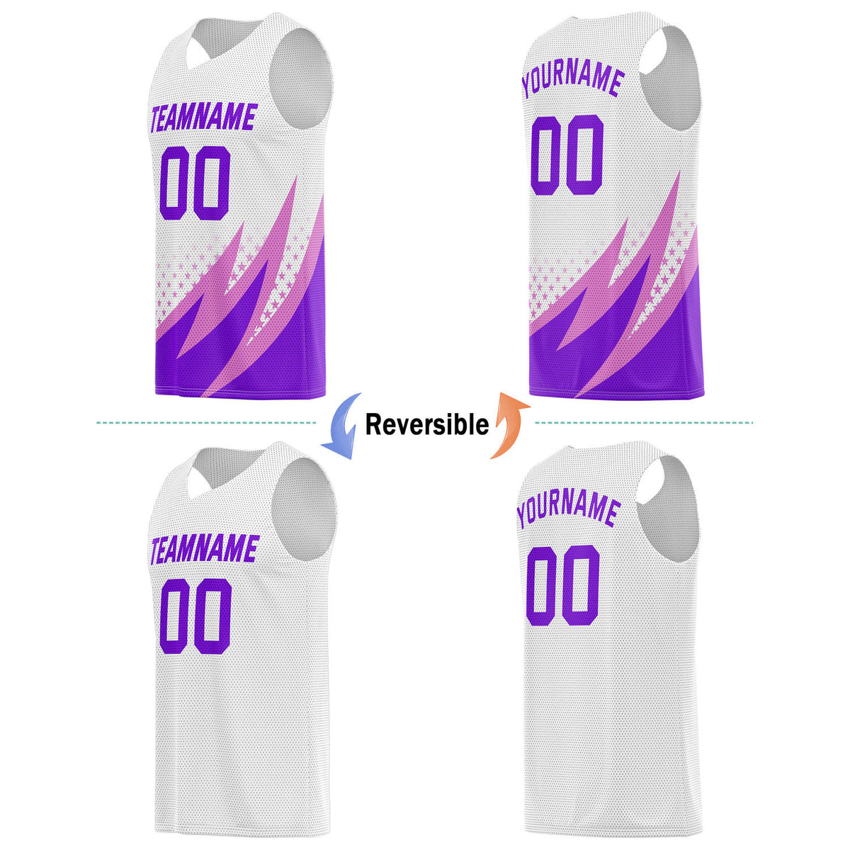 Custom Reversible Basketball Jersey for Individuals & Teams – White, Purple & Pink | Vosoli
