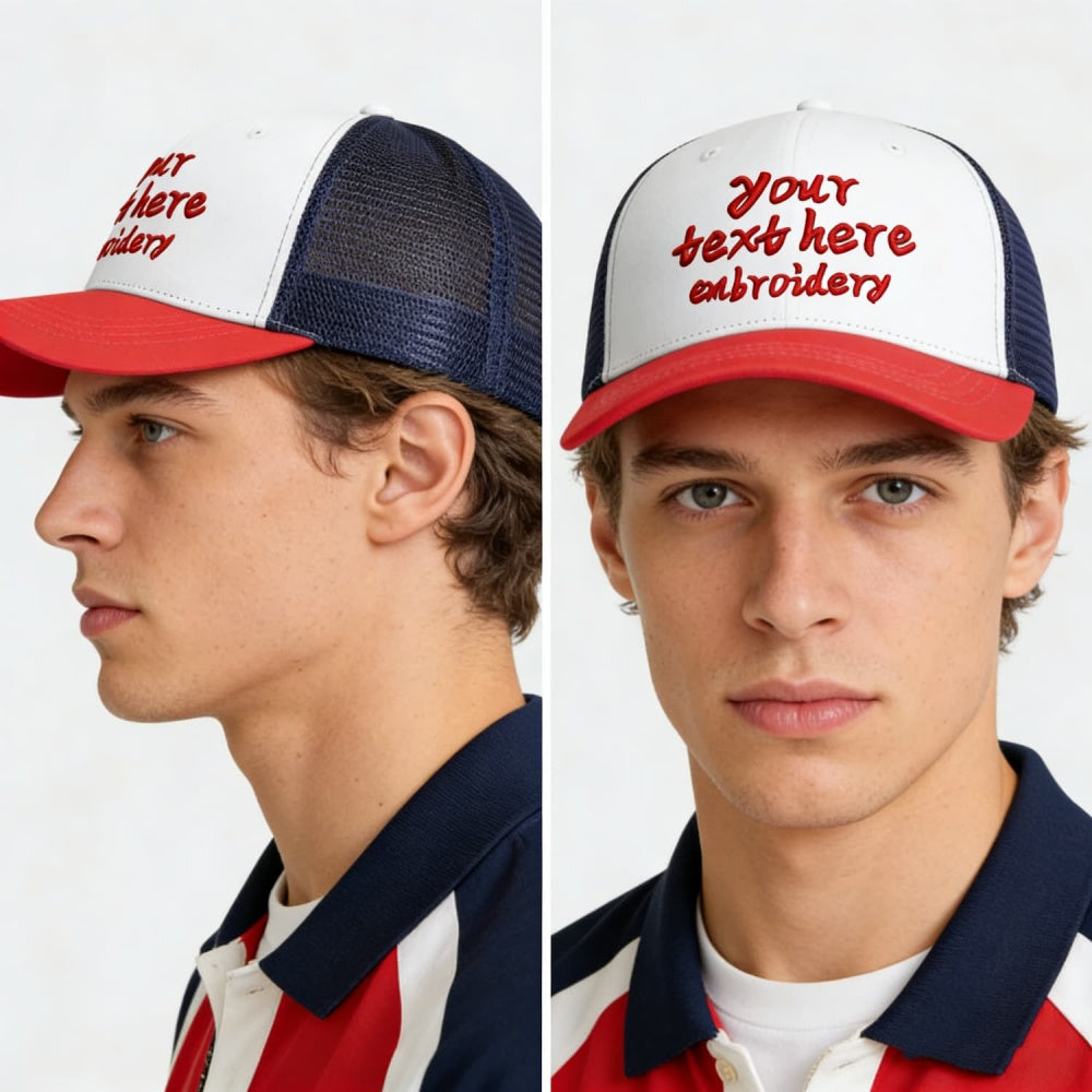 Vosoli White & Red-Navy Mesh-Back Trucker Cap - Unisex Personal & Team Custom 3D Embroidery or Print Hat
