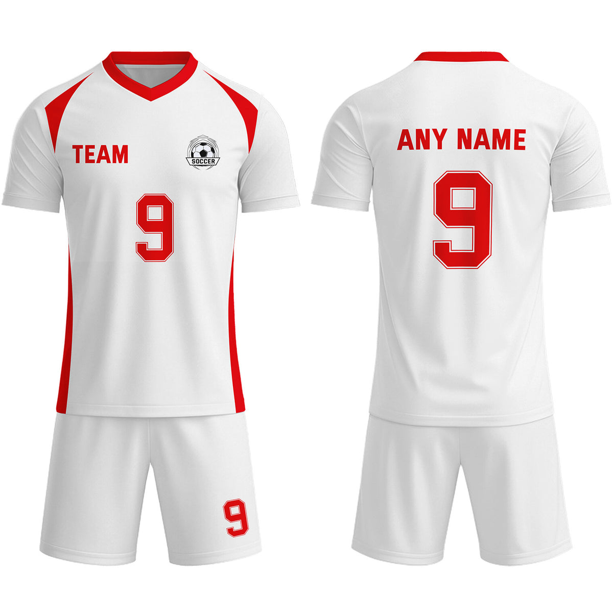 Custom White &amp; Red Soccer Uniform Set - Personalized Team Name &amp; Number | Vosoli