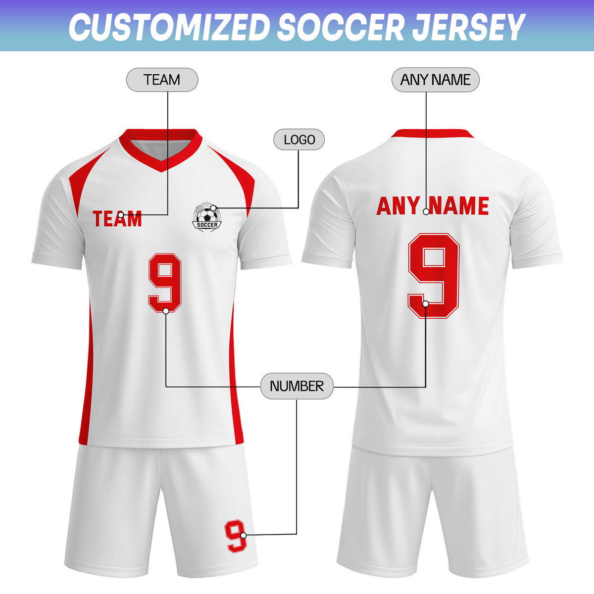 Custom White & Red Soccer Uniform Set - Personalized Team Name & Number | Vosoli