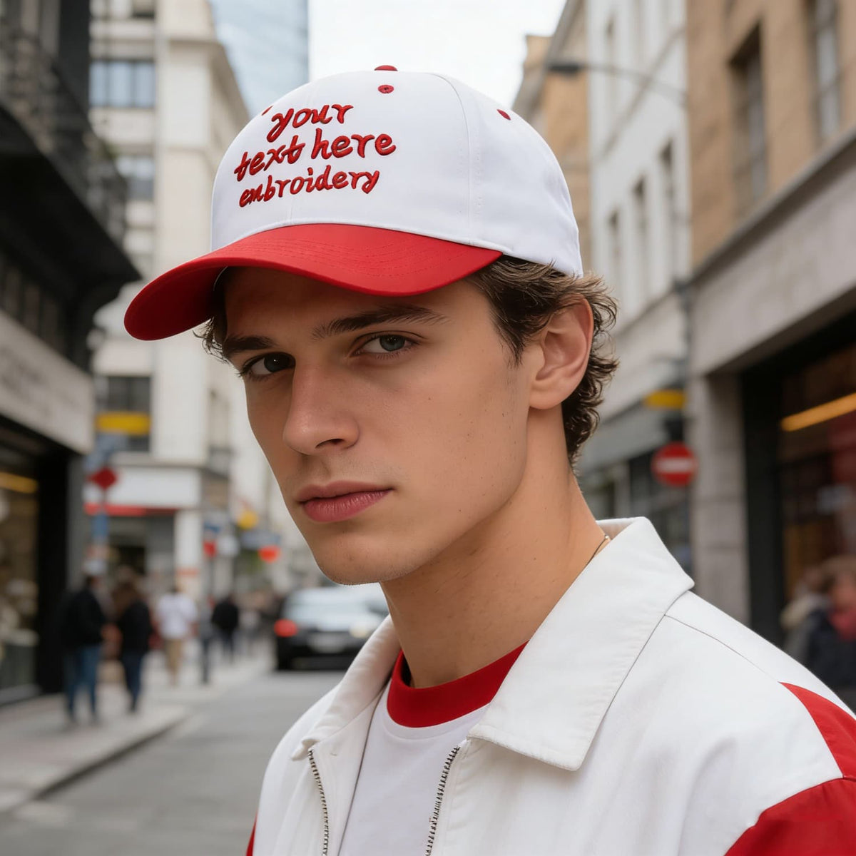 Vosoli White & Red Two-Tone Unisex Deep Bill Baseball Cap - Personal & Team Custom 3D Embroidery or Print Hat