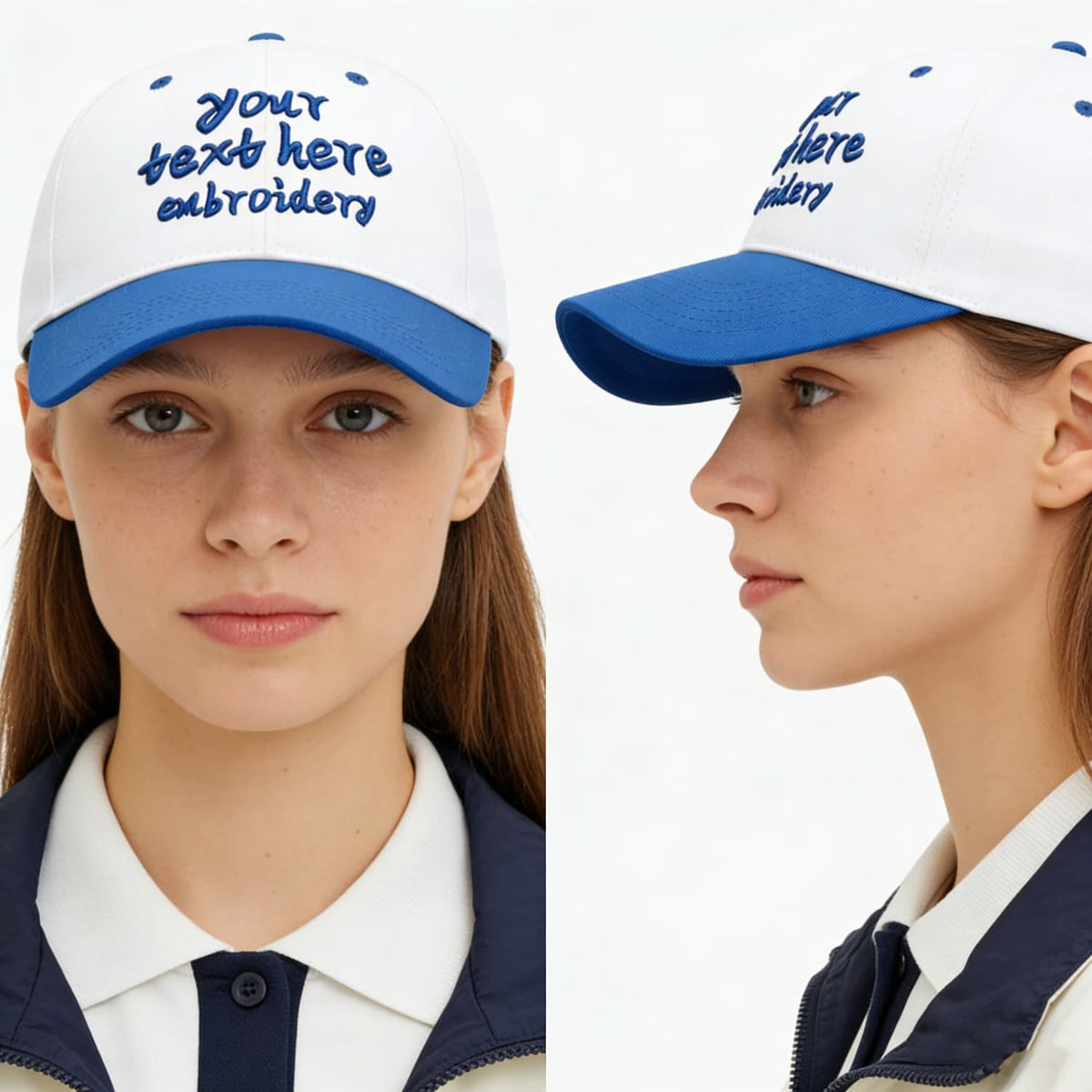 Vosoli White & Royal Blue Two-Tone Unisex Deep Bill Baseball Cap - Personal & Team Custom 3D Embroidery or Print Hat