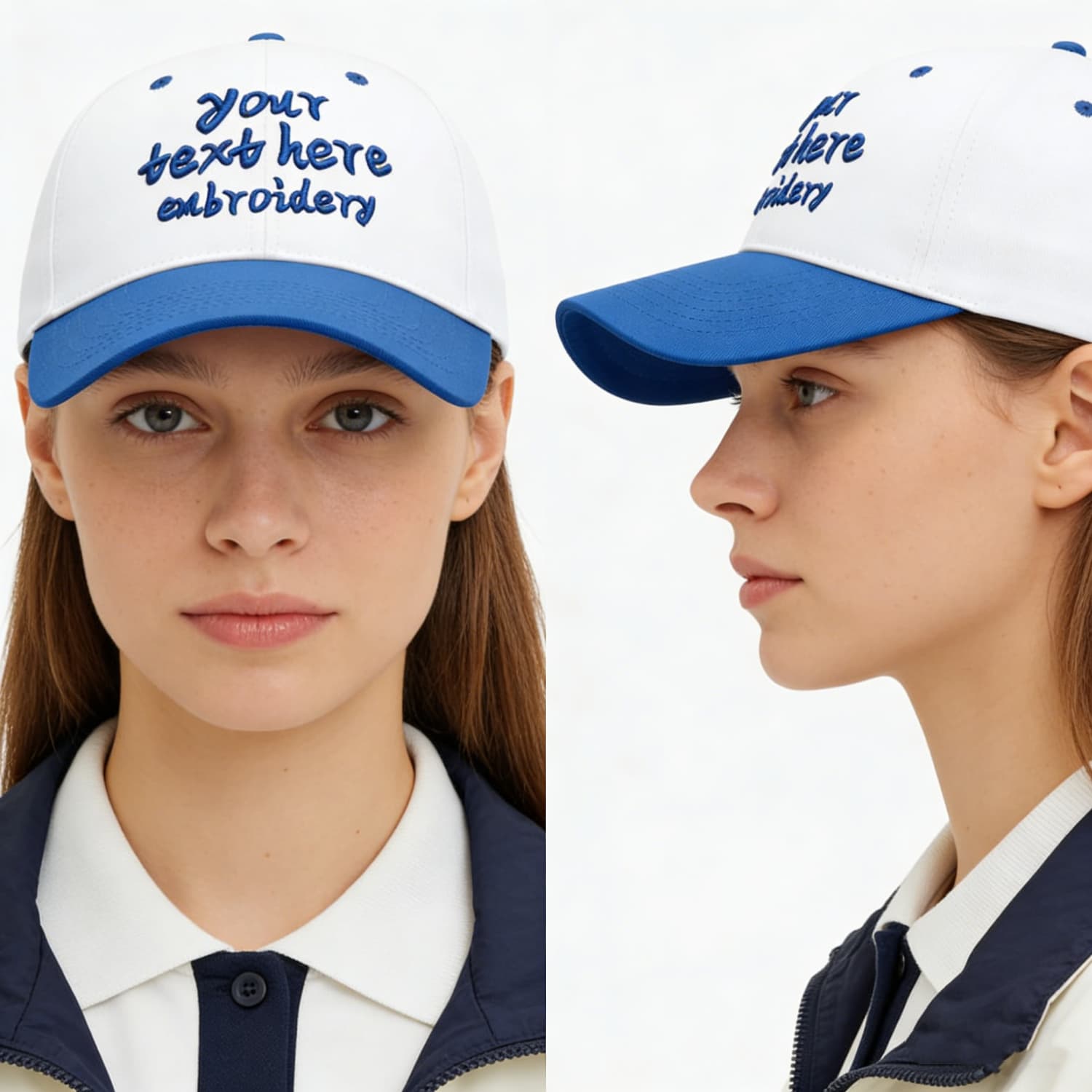 Vosoli White & Royal Blue Two-Tone Unisex Deep Bill Baseball Cap - Personal & Team Custom 3D Embroidery or Print Hat