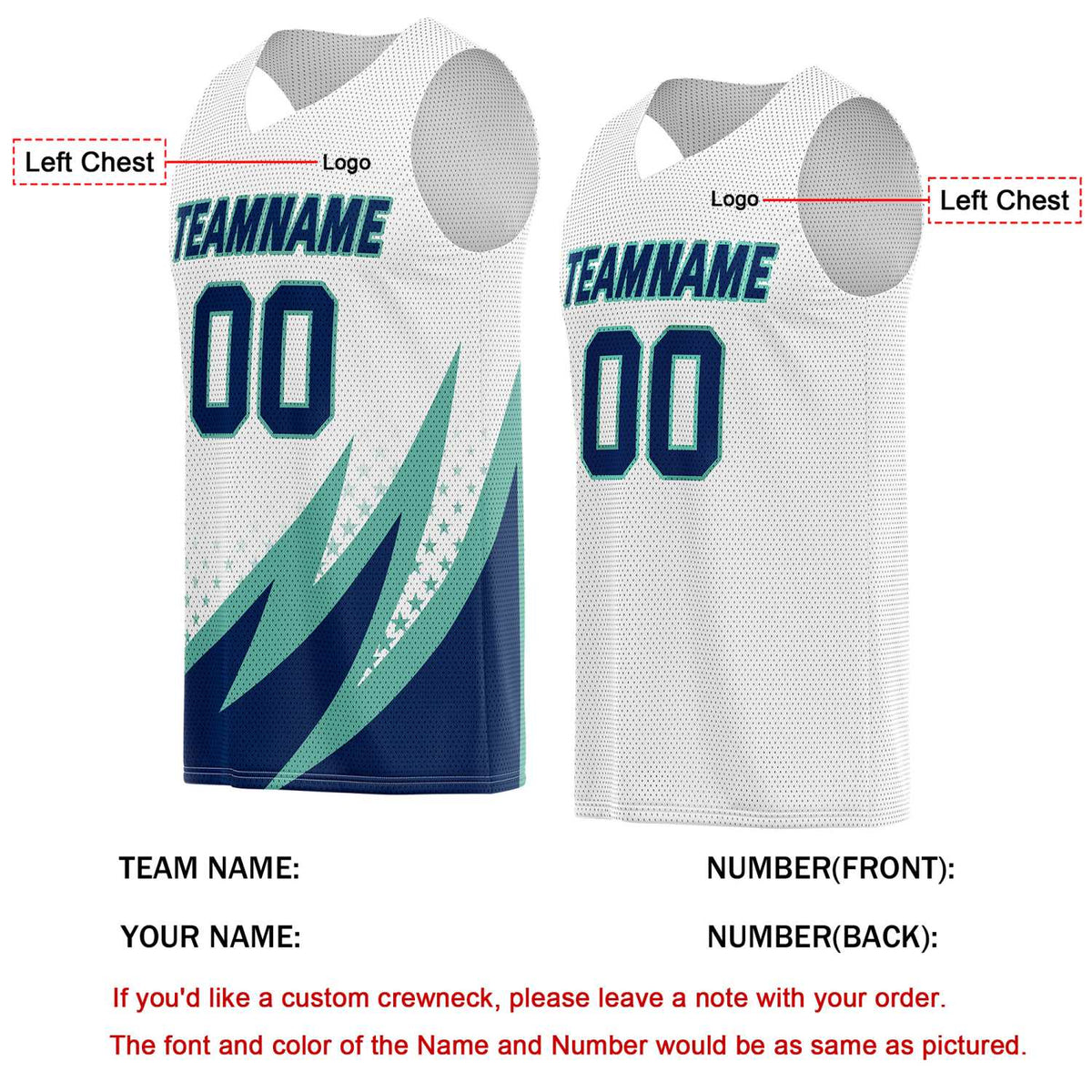 Custom Reversible Basketball Jersey for Individuals & Teams – White, Teal & Navy | Vosoli