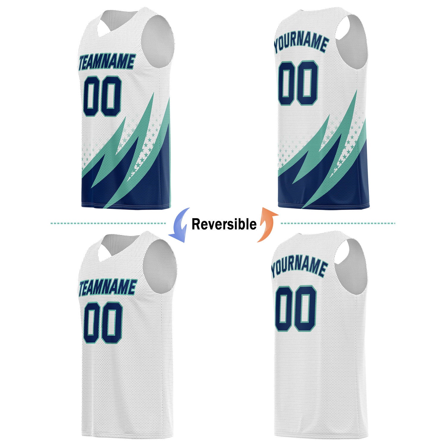 Custom Reversible Basketball Jersey for Individuals & Teams – White, Teal & Navy | Vosoli