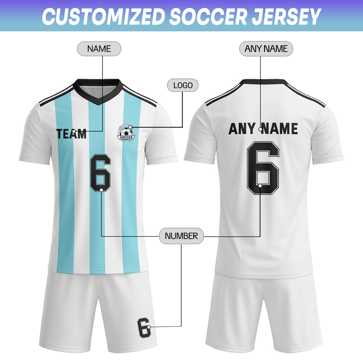 Custom White & Turquoise-Black Striped Soccer Uniform Set for Teams & Individuals | Vosoli