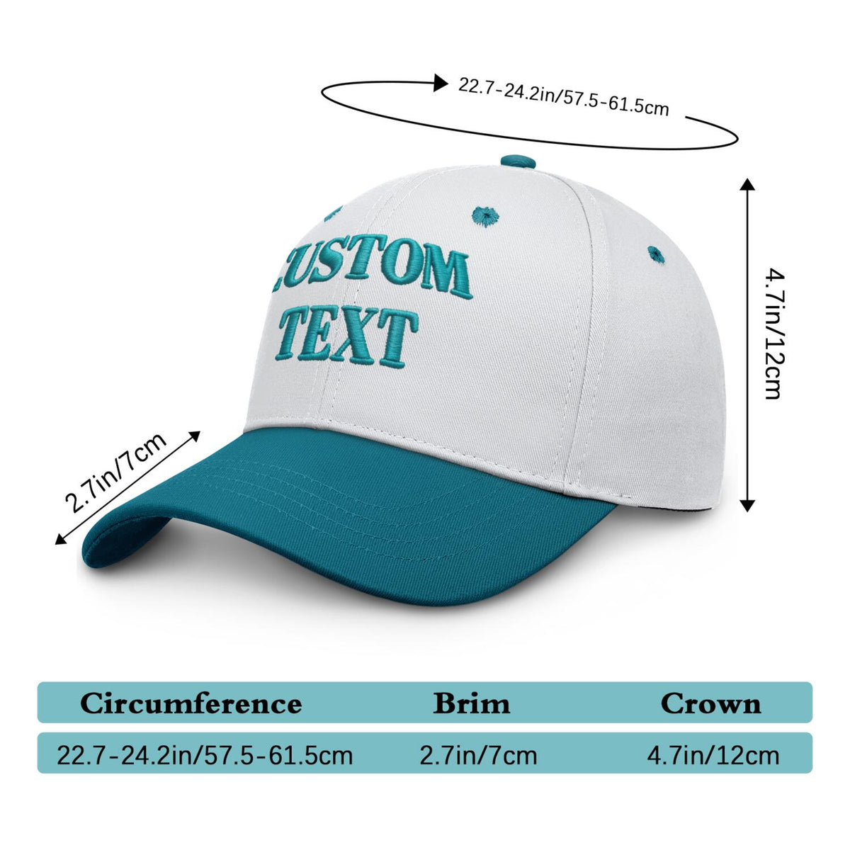 Vosoli White & Turquoise Two-Tone Baseball Cap - Unisex Custom 3D Embroidery or Print