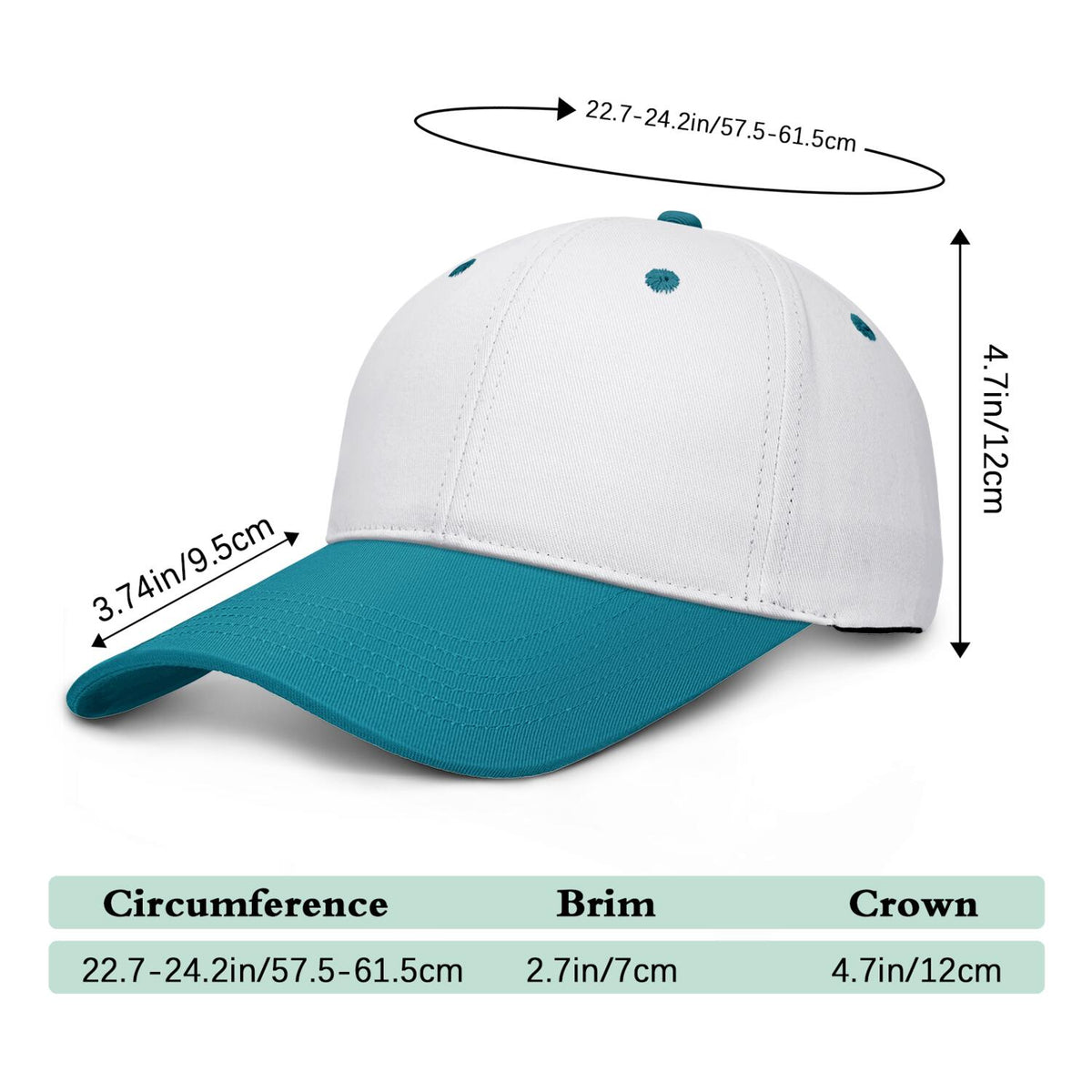 Vosoli White & Turquoise Two-Tone Unisex Deep Bill Baseball Cap - Personal & Team Custom 3D Embroidery or Print Hat