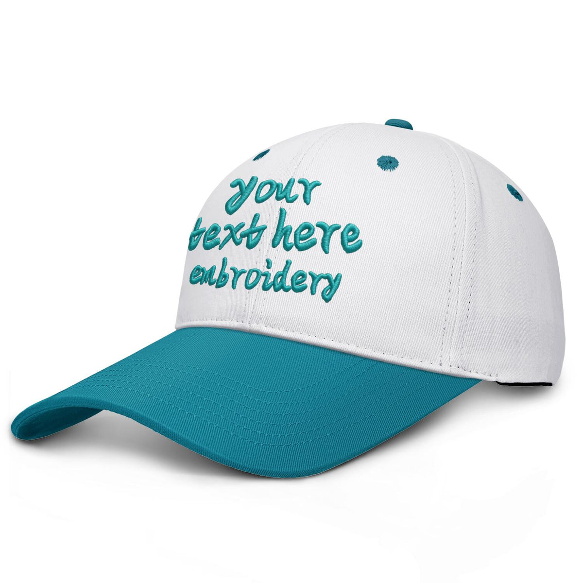 Vosoli White &amp; Turquoise Two-Tone Unisex Deep Bill Baseball Cap - Personal &amp; Team Custom 3D Embroidery or Print Hat