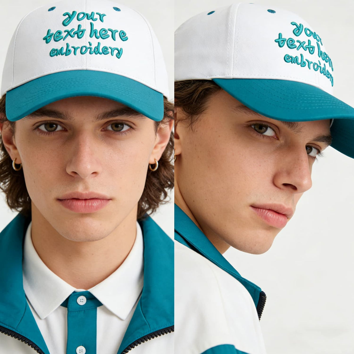 Vosoli White & Turquoise Two-Tone Unisex Deep Bill Baseball Cap - Personal & Team Custom 3D Embroidery or Print Hat