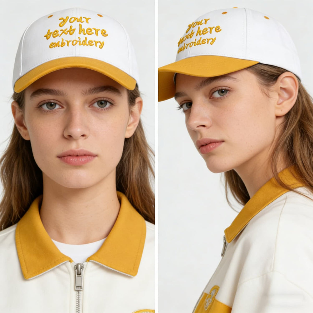 Vosoli White & Yellow Two-Tone Unisex Deep Bill Baseball Cap - Personal & Team Custom 3D Embroidery or Print Hat