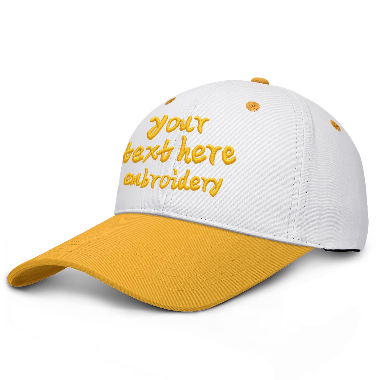 Vosoli White & Yellow Two-Tone Unisex Deep Bill Baseball Cap - Personal & Team Custom 3D Embroidery or Print Hat