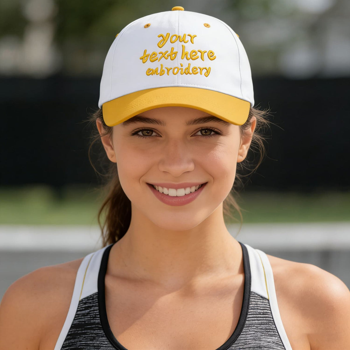 Vosoli White & Yellow Two-Tone Unisex Deep Bill Baseball Cap - Personal & Team Custom 3D Embroidery or Print Hat