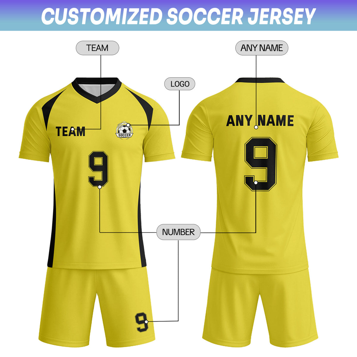 Custom Yellow & Black Soccer Uniform Set - Personalized Team Name & Number | Vosoli