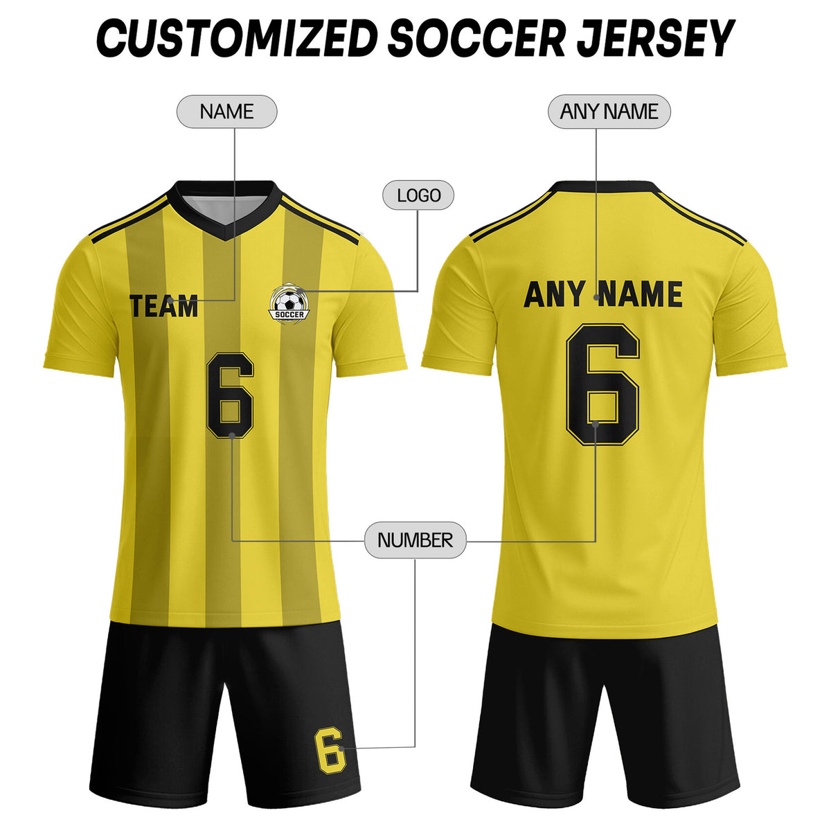 Custom Yellow & Black Striped Soccer Uniform Set for Teams & Individuals | Vosoli