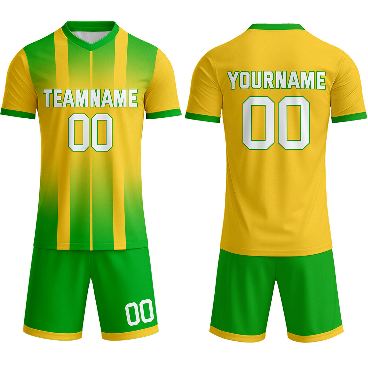 Custom Yellow &amp; Forest Green Stripe Gradient Soccer Uniform Set for Teams &amp; Individuals | Vosoli