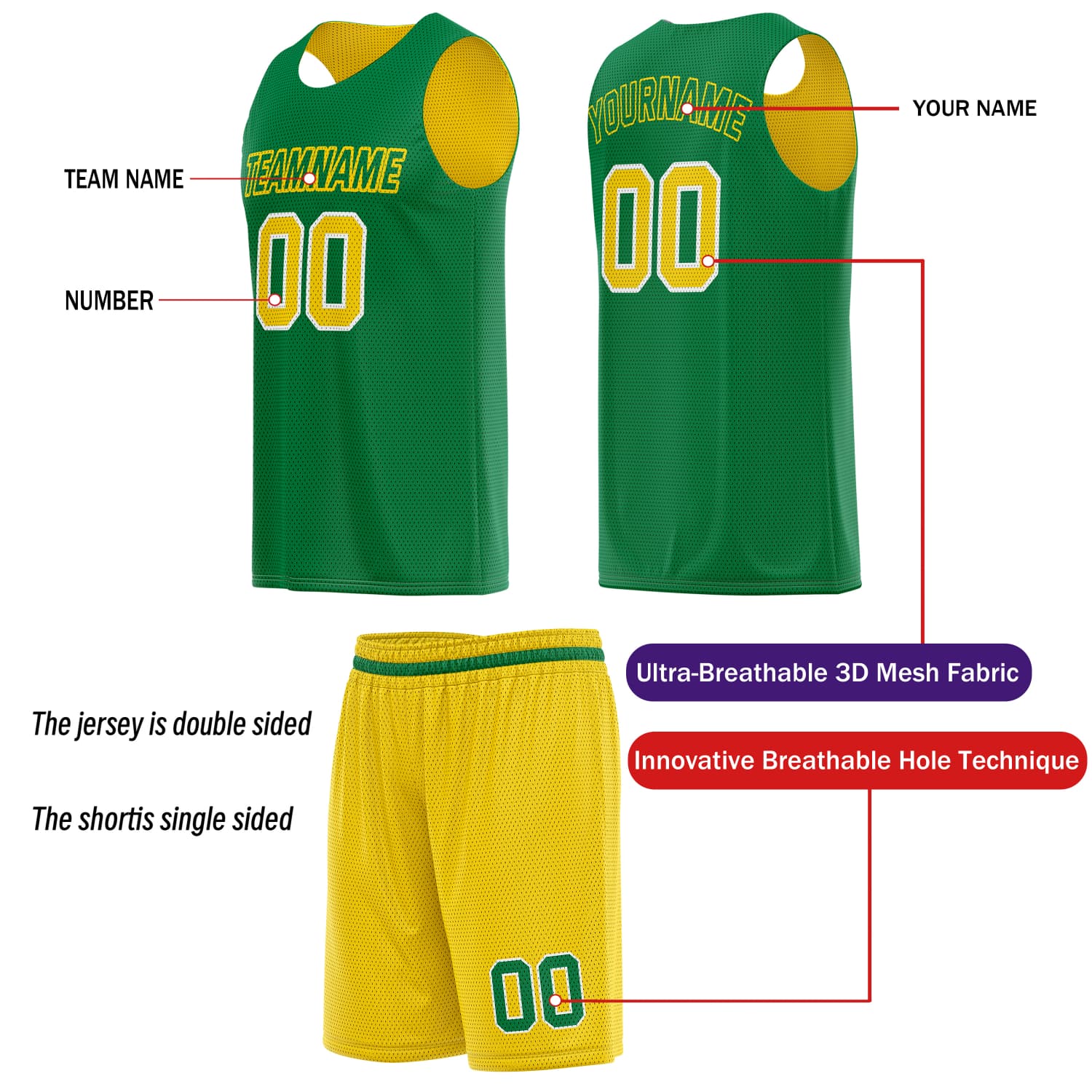 Custom Reversible Basketball Jersey & Shorts Set for Individuals & Teams – Yellow Green | Vosoli