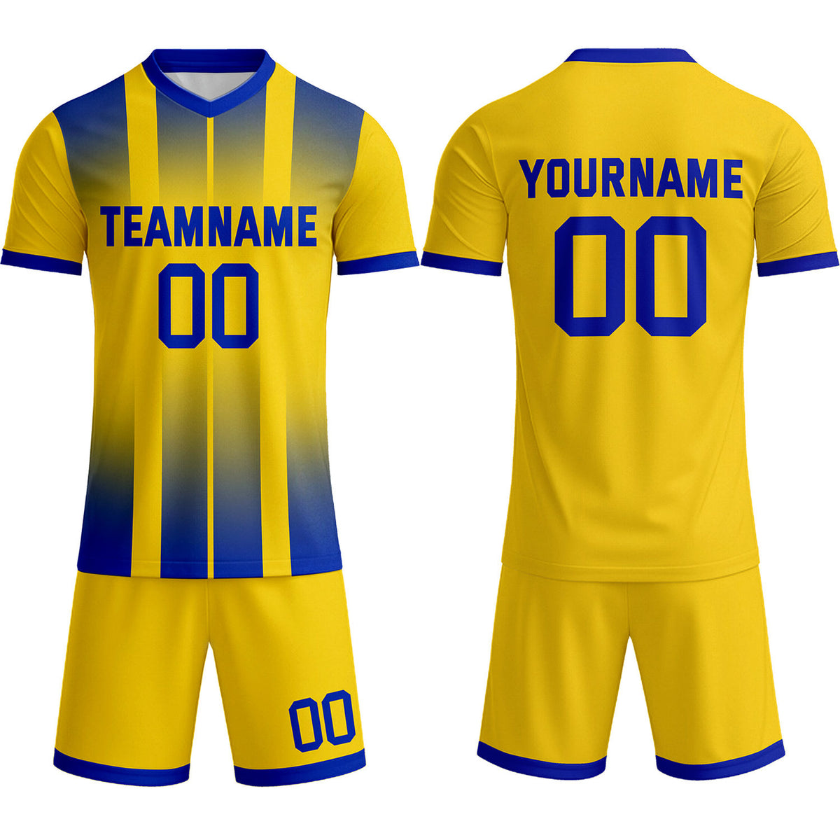 Custom Yellow &amp; Royal Blue Stripe Gradient Soccer Uniform Set for Teams &amp; Individuals | Vosoli
