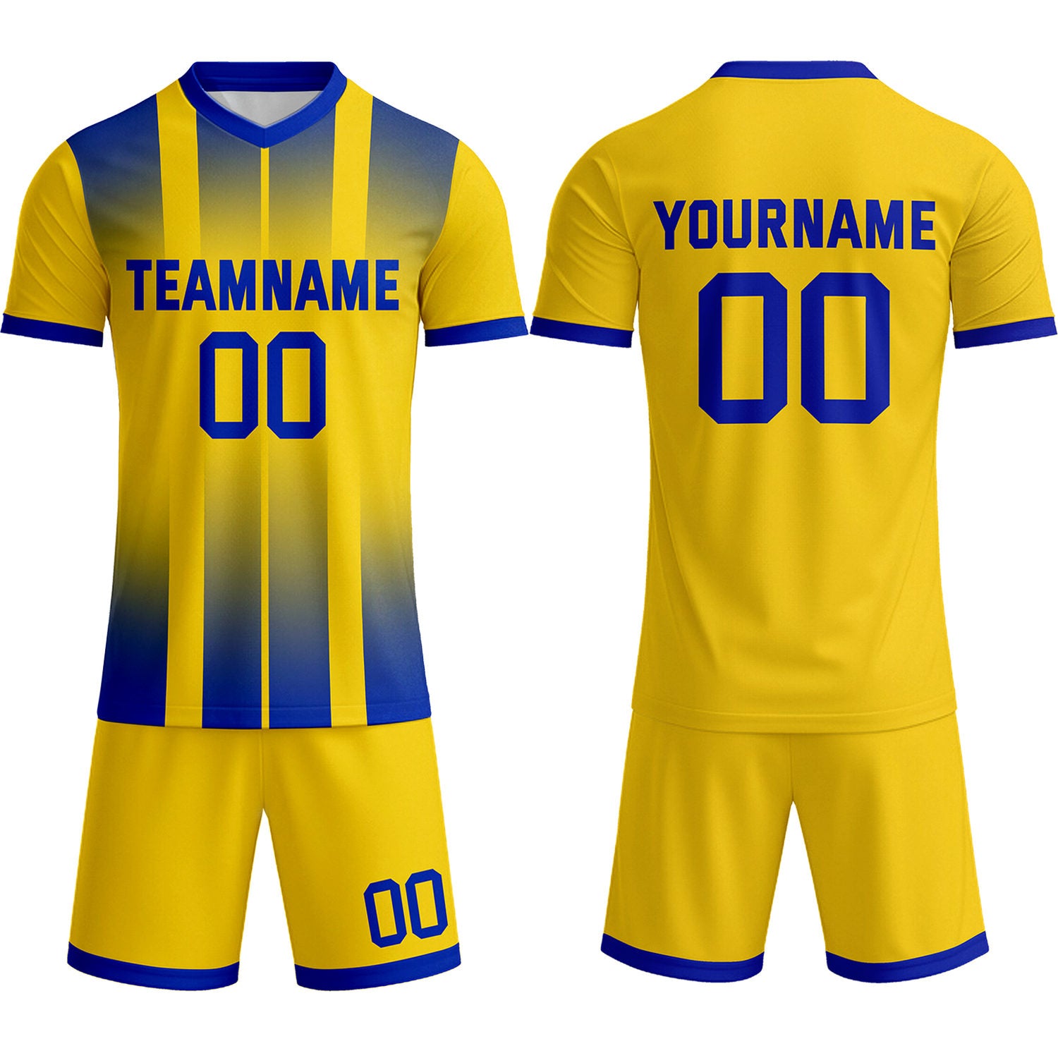 Custom Yellow & Royal Blue Stripe Gradient Soccer Uniform Set for Teams & Individuals | Vosoli
