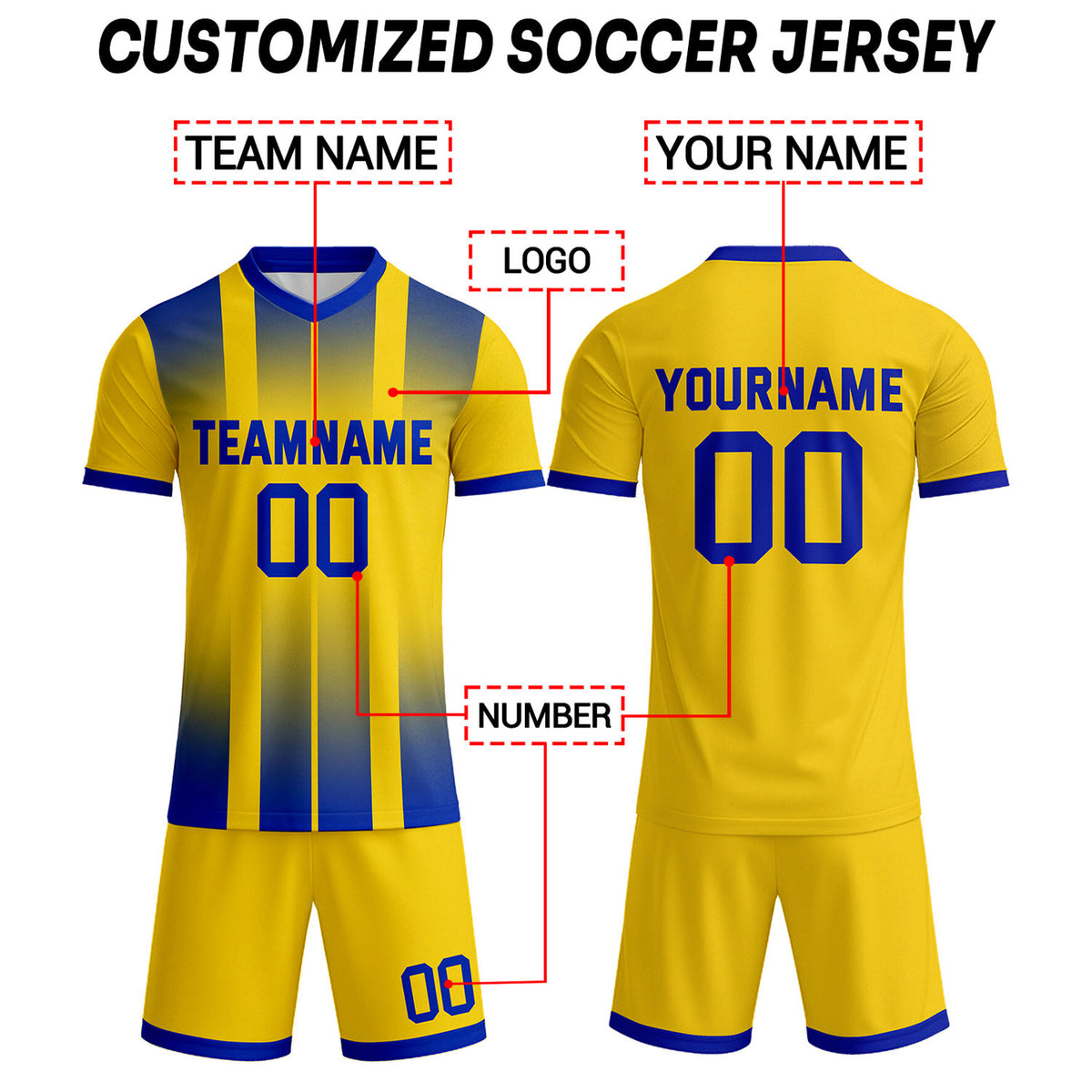 Custom Yellow & Royal Blue Stripe Gradient Soccer Uniform Set for Teams & Individuals | Vosoli