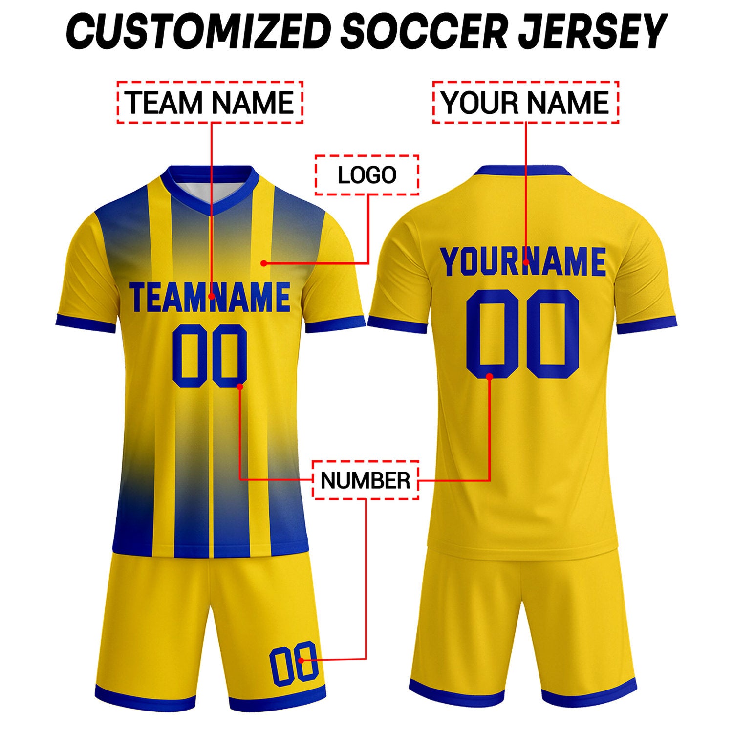 Custom Yellow & Royal Blue Stripe Gradient Soccer Uniform Set for Teams & Individuals | Vosoli
