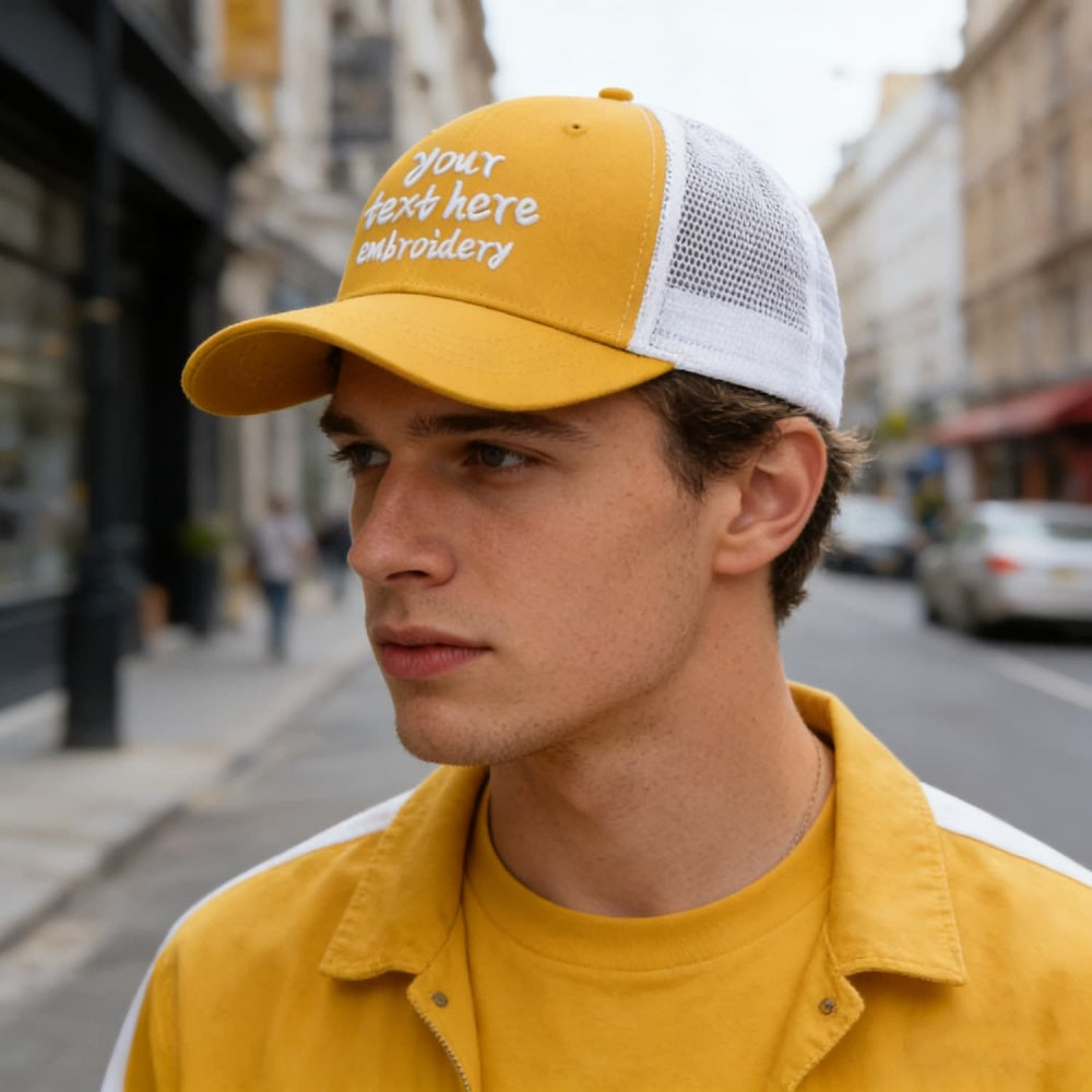 Vosoli Yellow White Mesh Trucker Cap - Custom Embroidered Personalized Hat