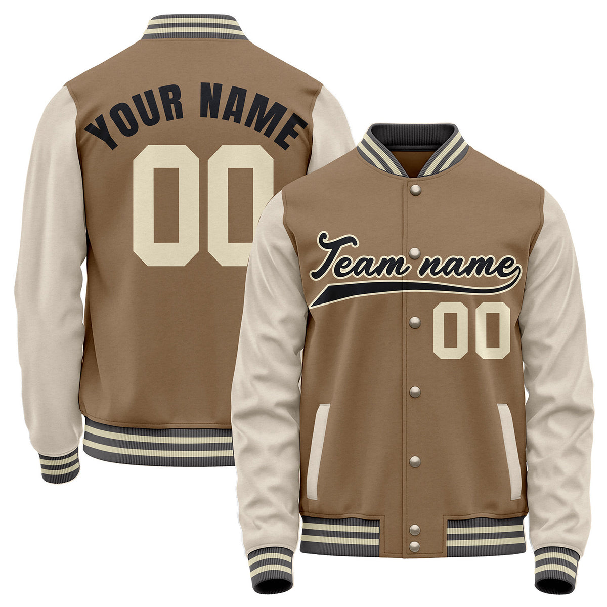 Warm baseball team jacket, brown and cream varsity letterman bomber jacket, custom team name, player number and logo.
