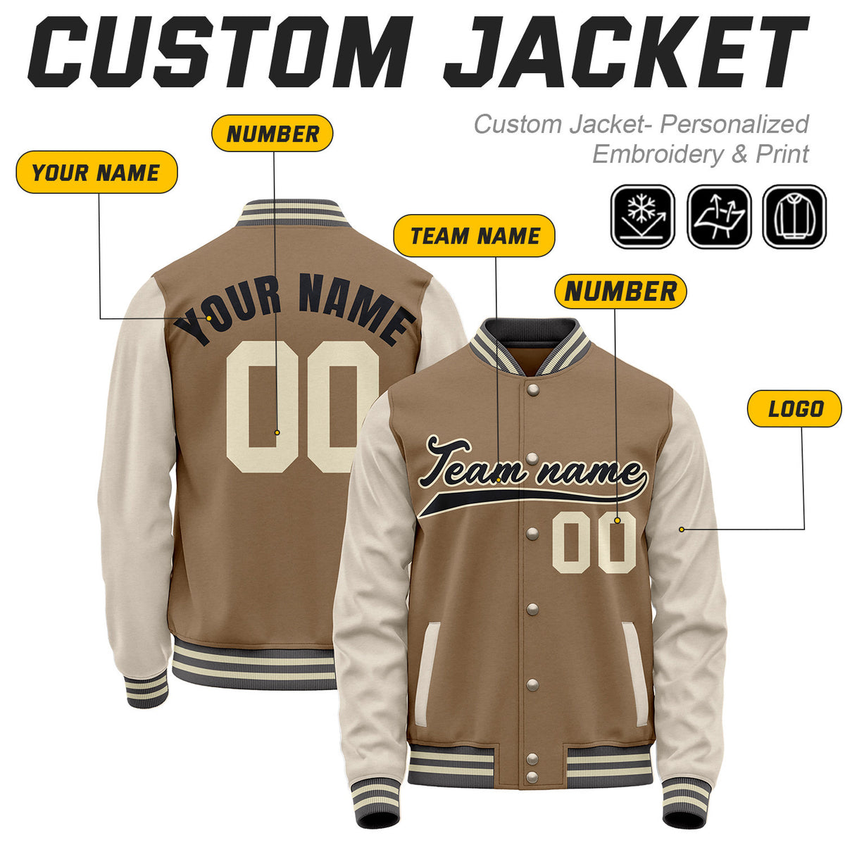 Custom Brown & Cream Baseball Bomber Jacket | Retro Collegiate Varsity & Letterman