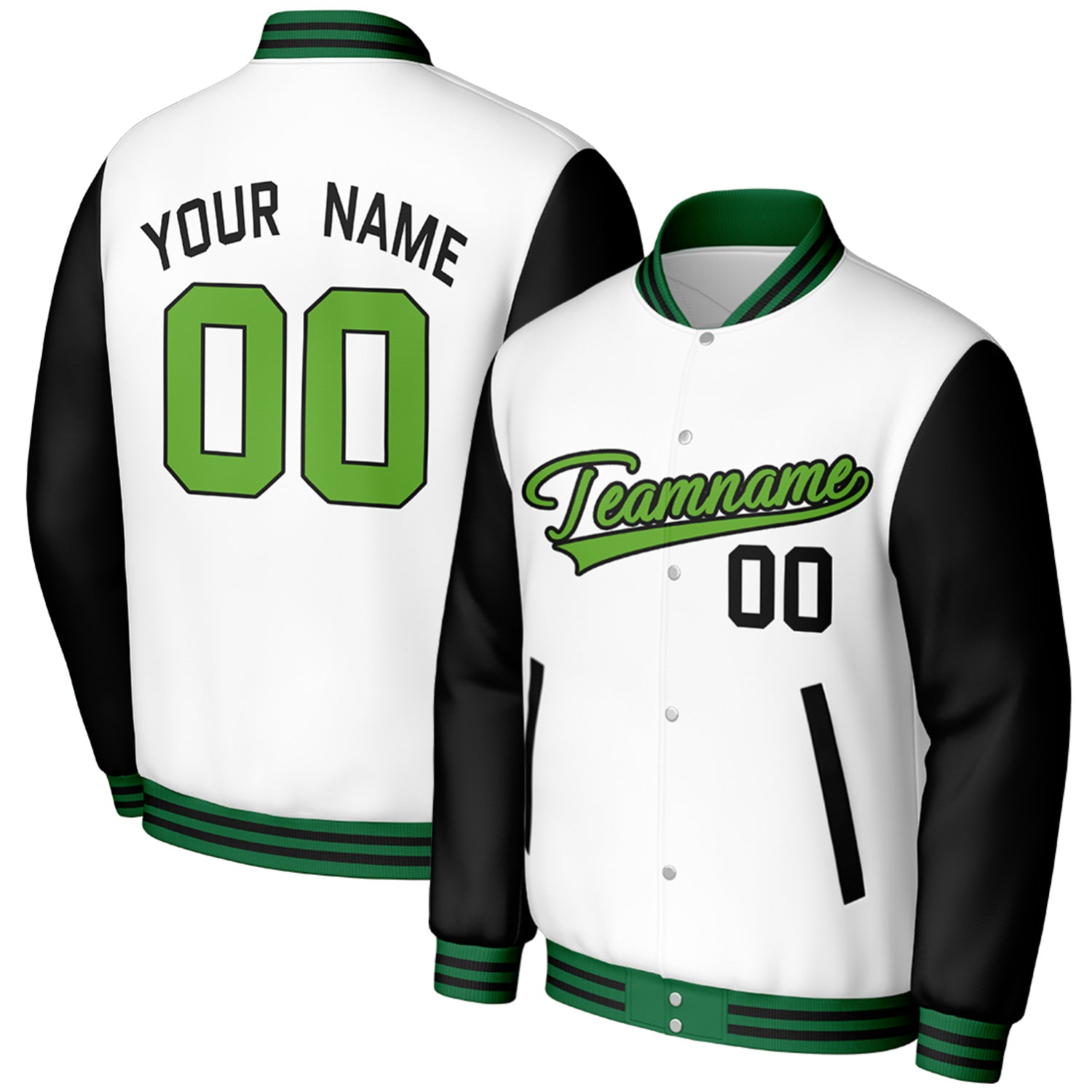 white black personalized college baseball jackets by Vosoli, personalized stitched name, number & logo, classic button up varsity letterman jacket for college baseball team and casual wear