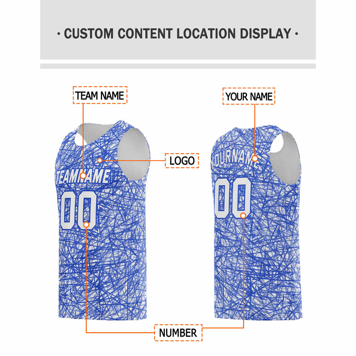 Custom White & Blue Sketch Pattern Basketball Jersey - Personalized Team Name, Number & LOGO | Vosoli