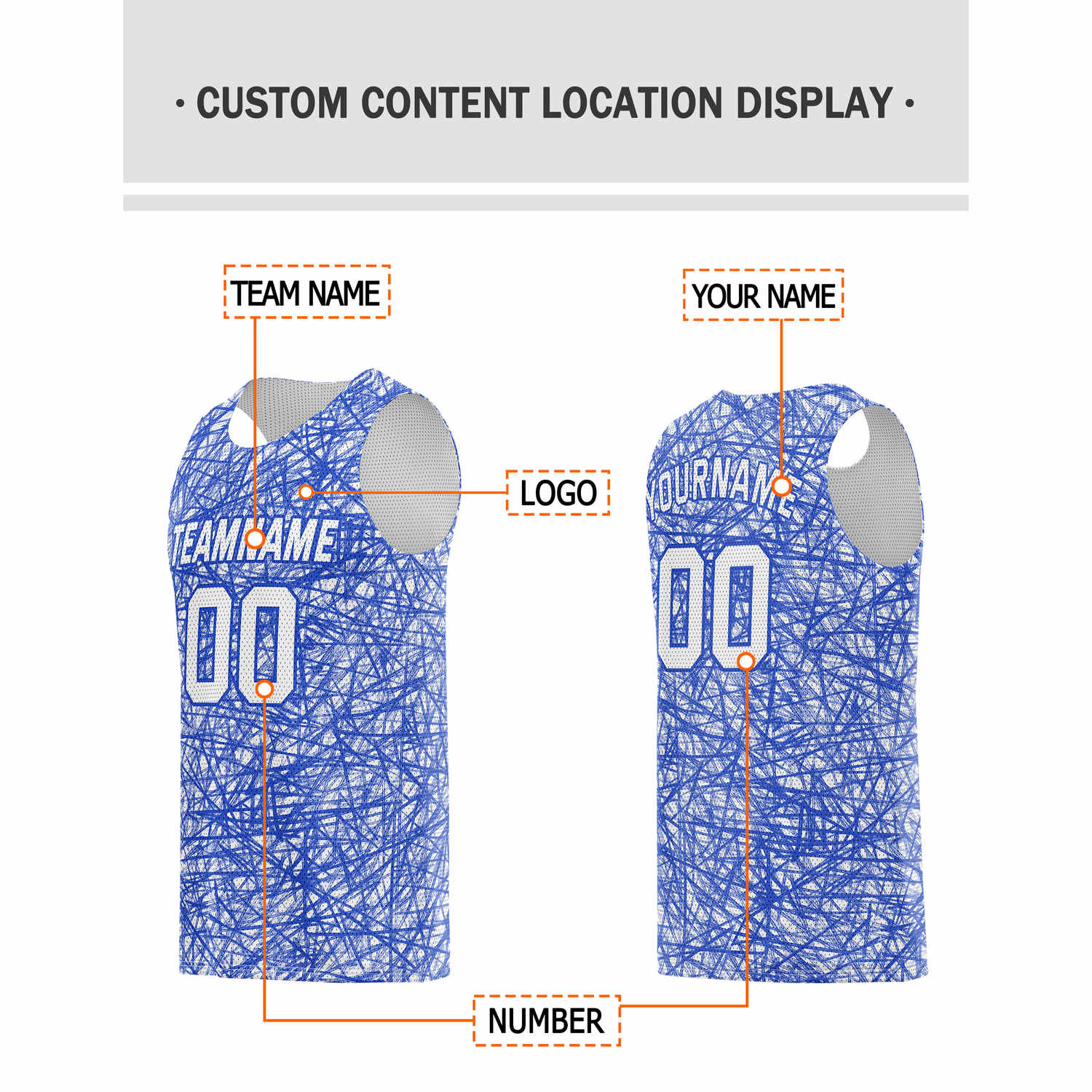 Custom White & Blue Sketch Pattern Basketball Jersey - Personalized Team Name, Number & LOGO | Vosoli