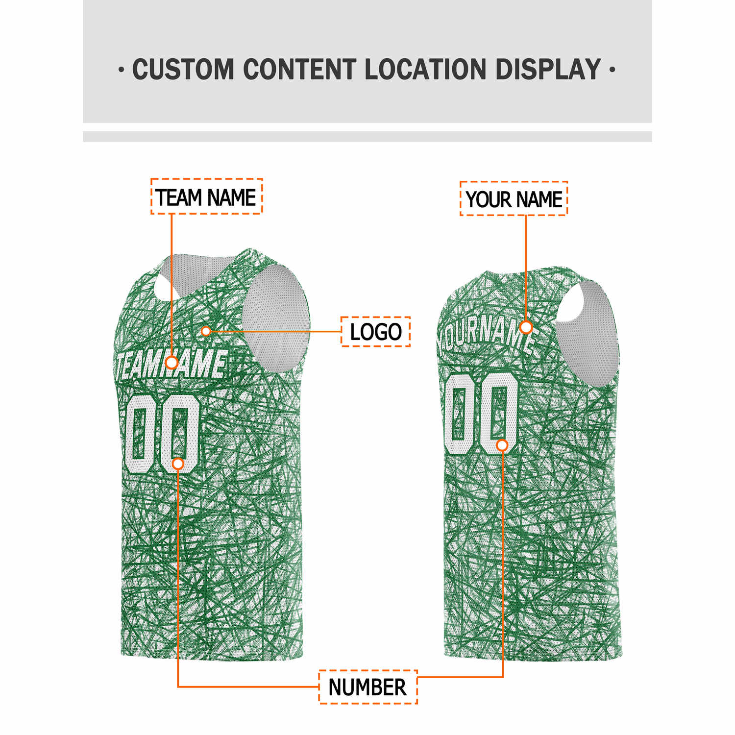 Custom White & Green Sketch Pattern Basketball Jersey - Personalized Team Name, Number & LOGO | Vosoli
