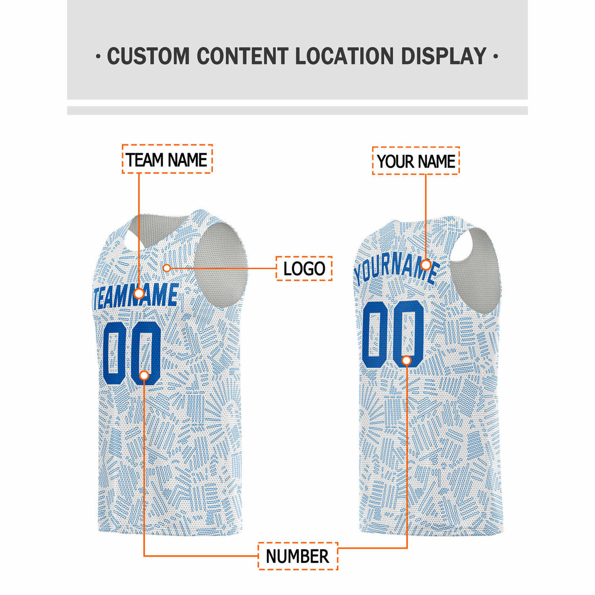 Custom White & Light Blue Texture Pattern Basketball Jersey - Personalized Team Name, Number & LOGO | Vosoli
