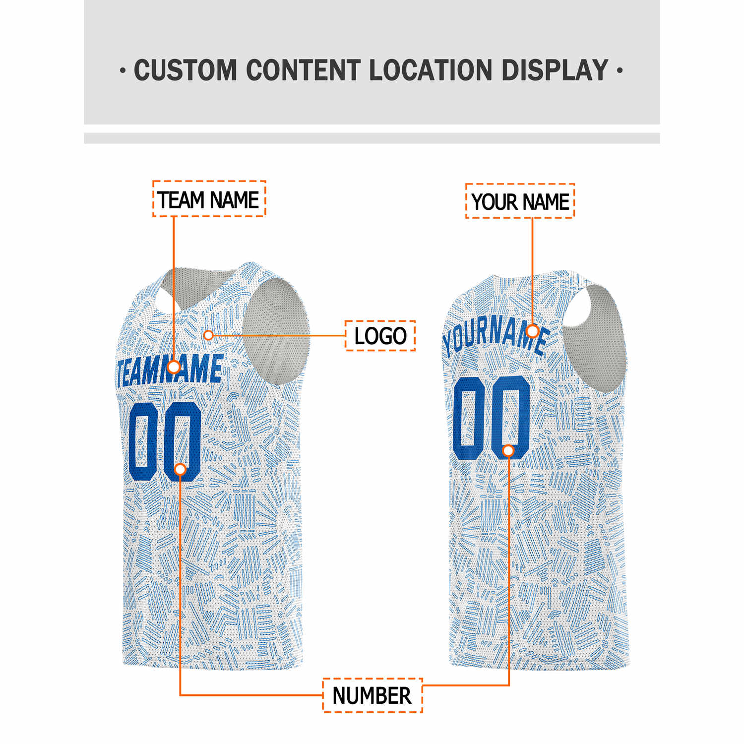 Custom White & Light Blue Texture Pattern Basketball Jersey - Personalized Team Name, Number & LOGO | Vosoli