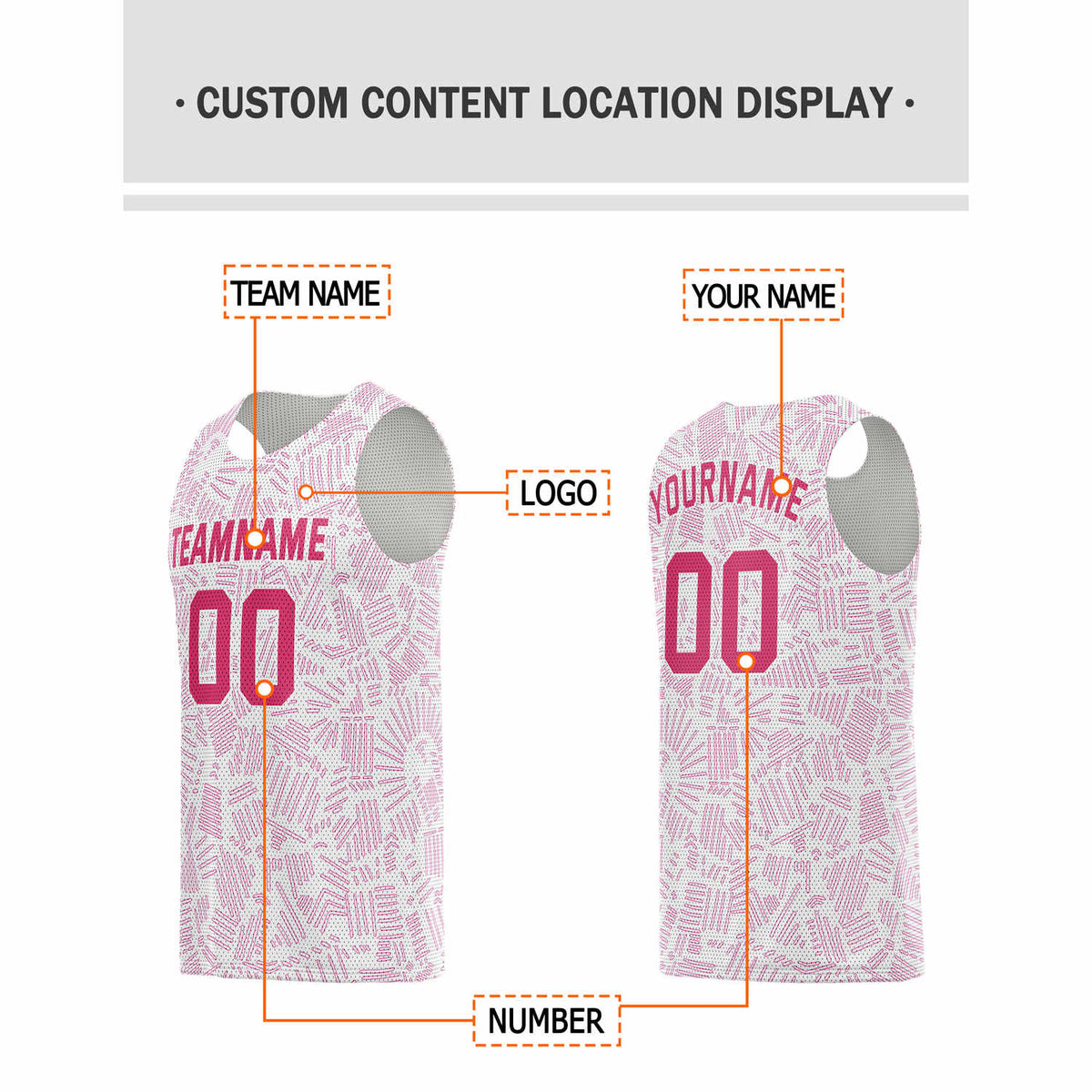 Custom White & Pink Texture Pattern Basketball Jersey - Personalized Team Name, Number & LOGO | Vosoli