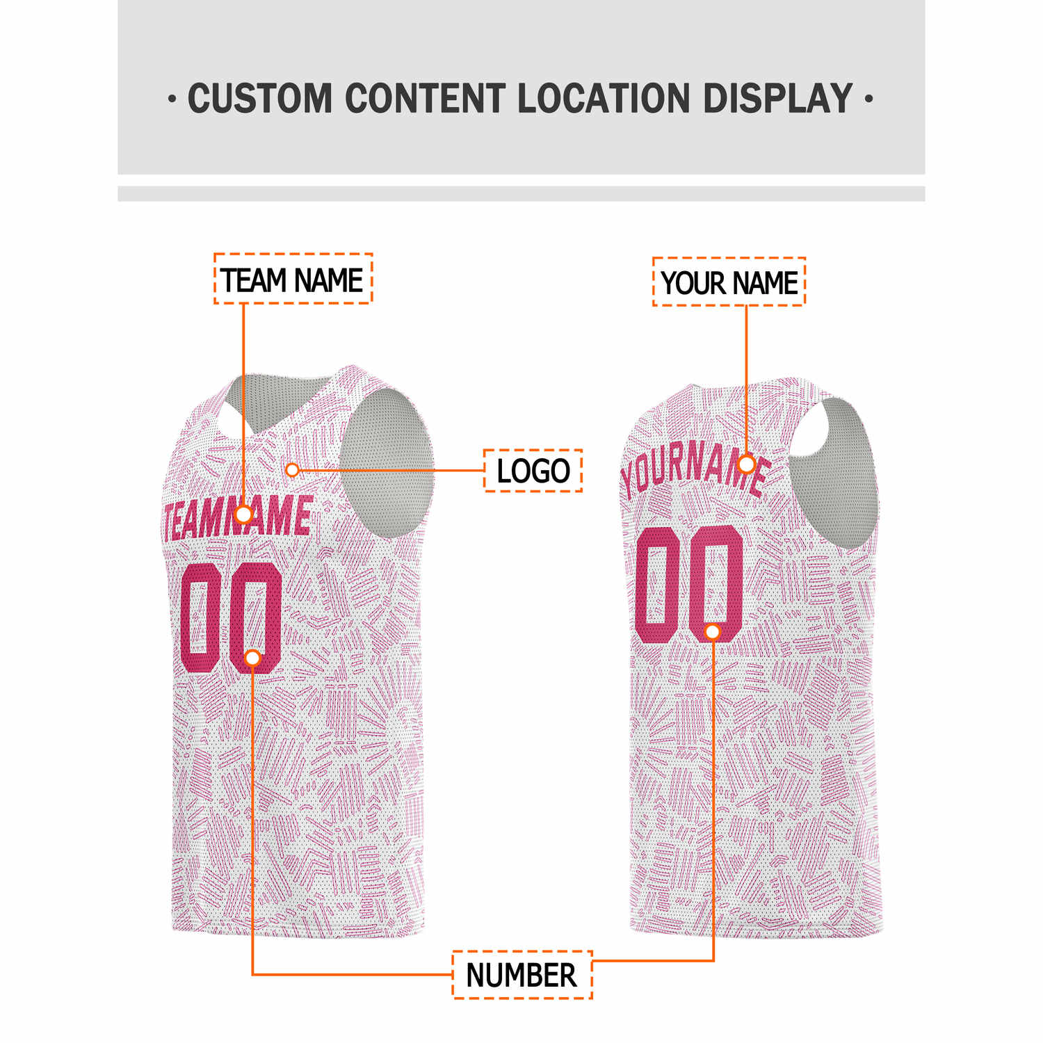 Custom White & Pink Texture Pattern Basketball Jersey - Personalized Team Name, Number & LOGO | Vosoli