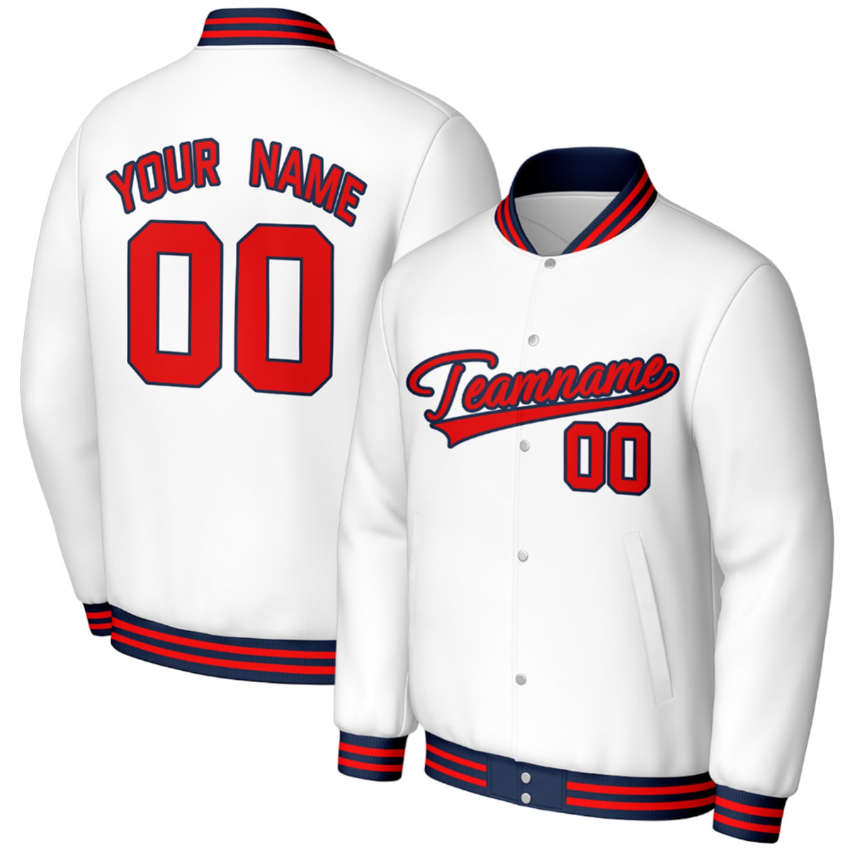 custom white red baseball jackets for high school players by Vosoli, personalized stitched name, number &amp; logo, classic button up varsity letterman jacket for high school baseball team and casual wear